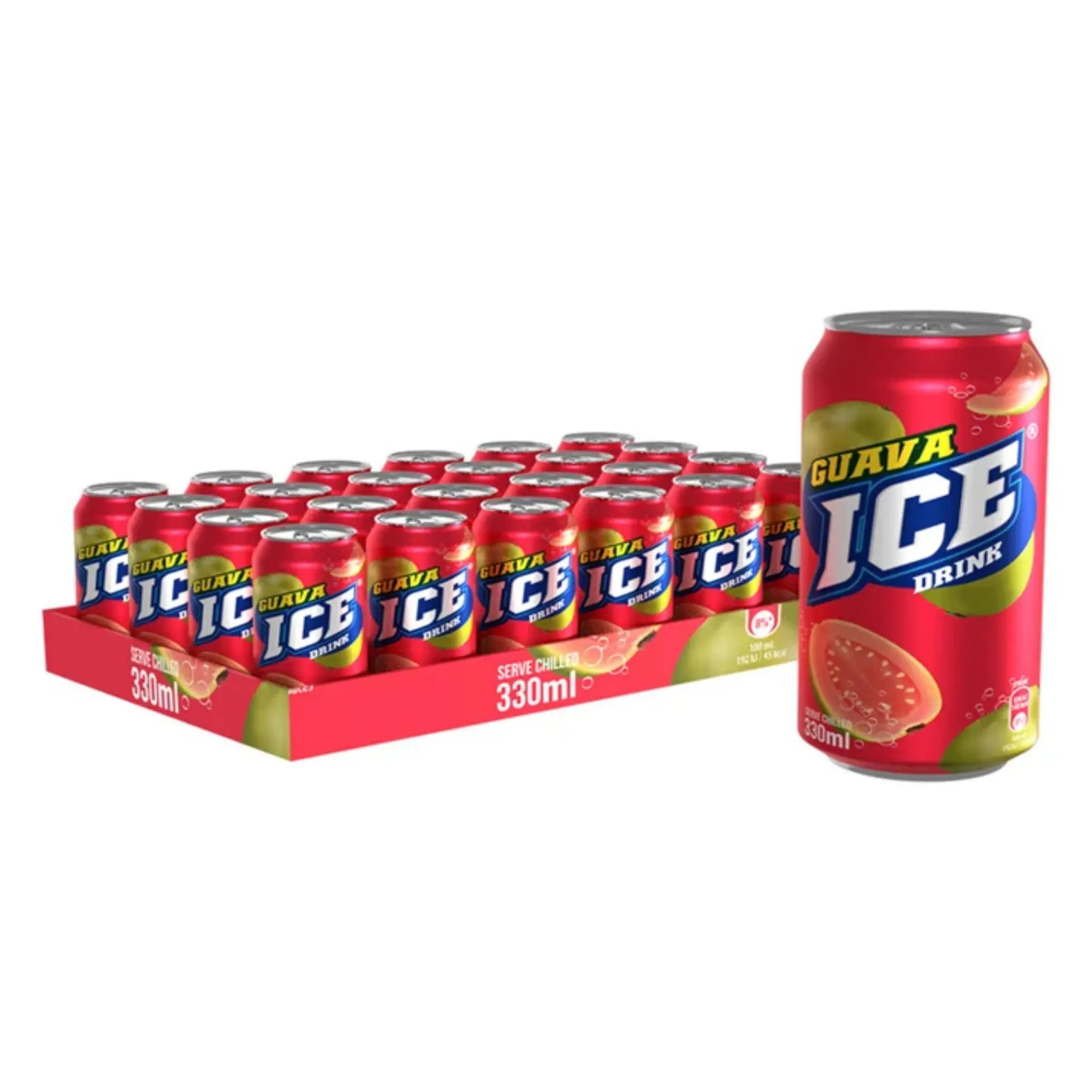 A 330ml Ice Guava can is shown beside a tray of 24 identical cans, ideal for wholesale. The red packaging features guava fruit images.