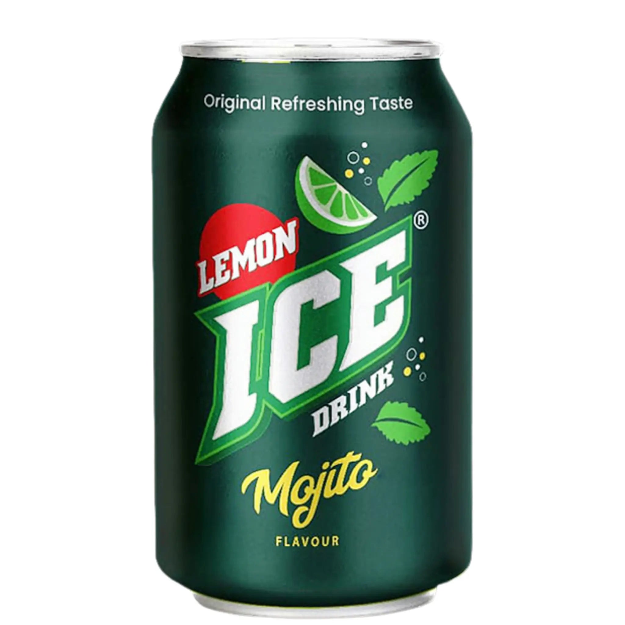Ice Mojito 330ml Cans 24 Pack: mojito-flavoured soft drink in a green can with lime and mint leaf graphics. Features "Original Refreshing Taste." Ideal for those seeking refreshing soft drinks wholesale.