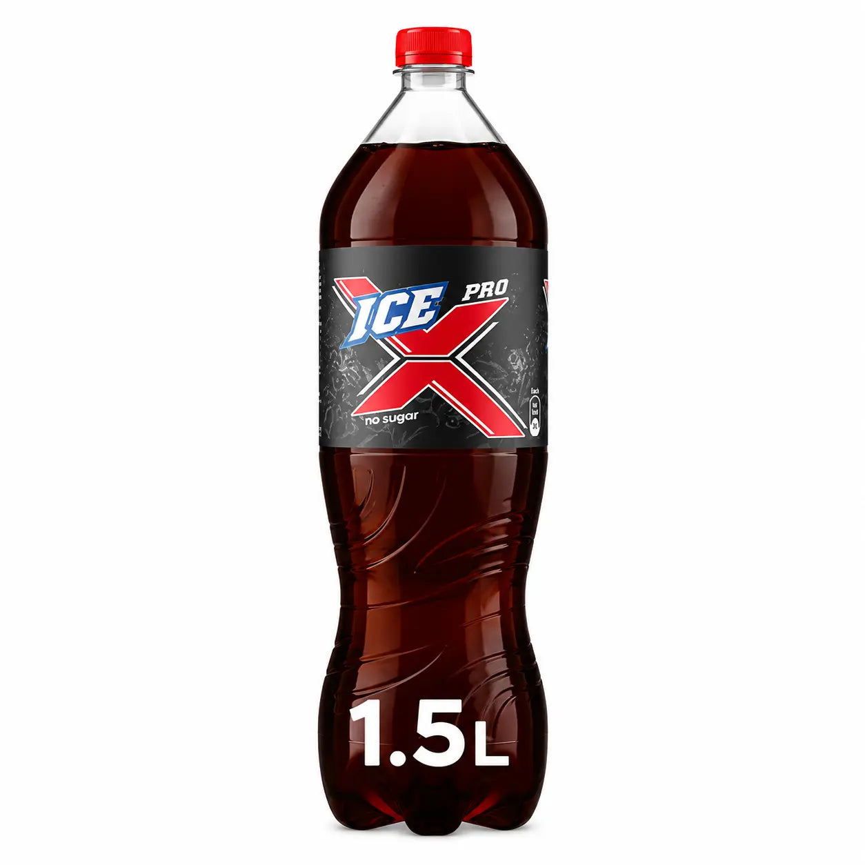 A 1.5-liter bottle of Ice Pro-X Sugar Free soft drink with a red cap and black label featuring a large red X.