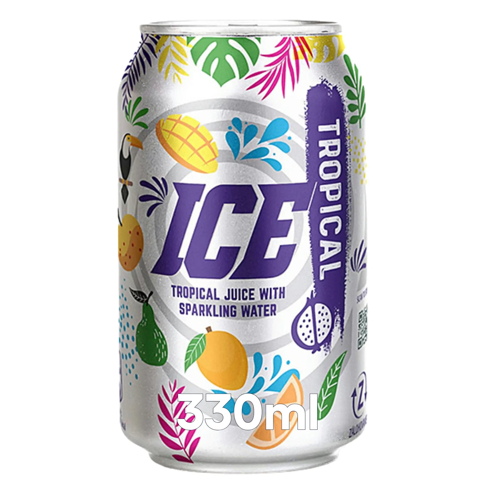 Ice Tropical 330ml Cans 24 Pack offers a vibrant tropical soft drink with sparkling water, adorned with colorful fruit designs—ideal for anyone seeking wholesale soft drinks.
