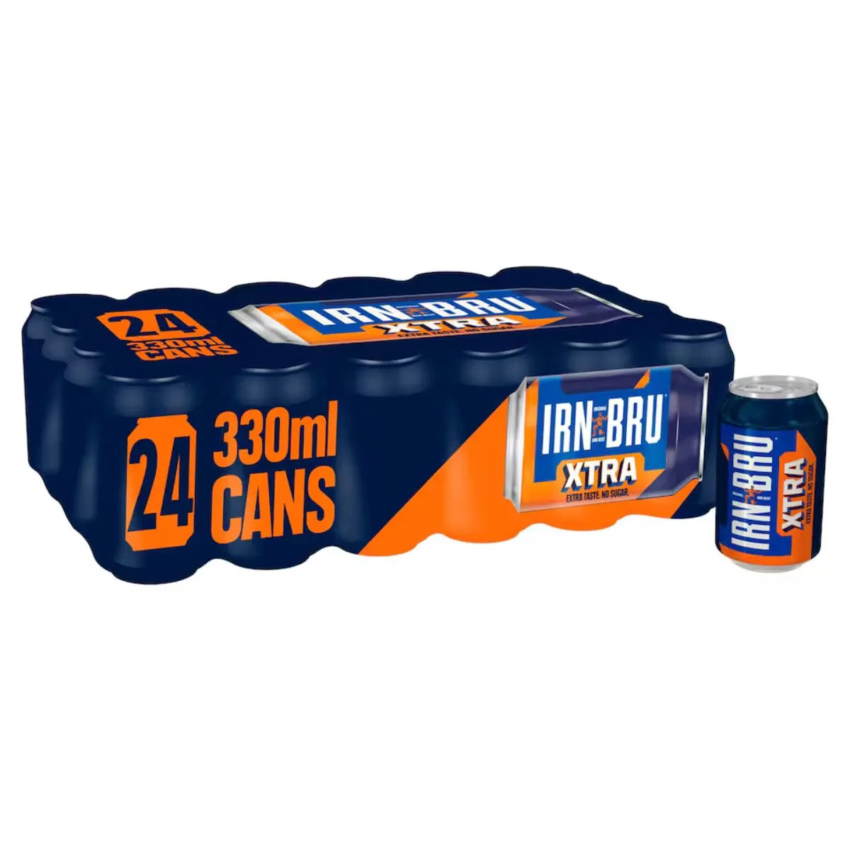 A 24-pack of Irn Bru Xtra 330ml cans, a sugar-free soft drink, with one can shown beside its blue and orange box—ideal for wholesale purchases.