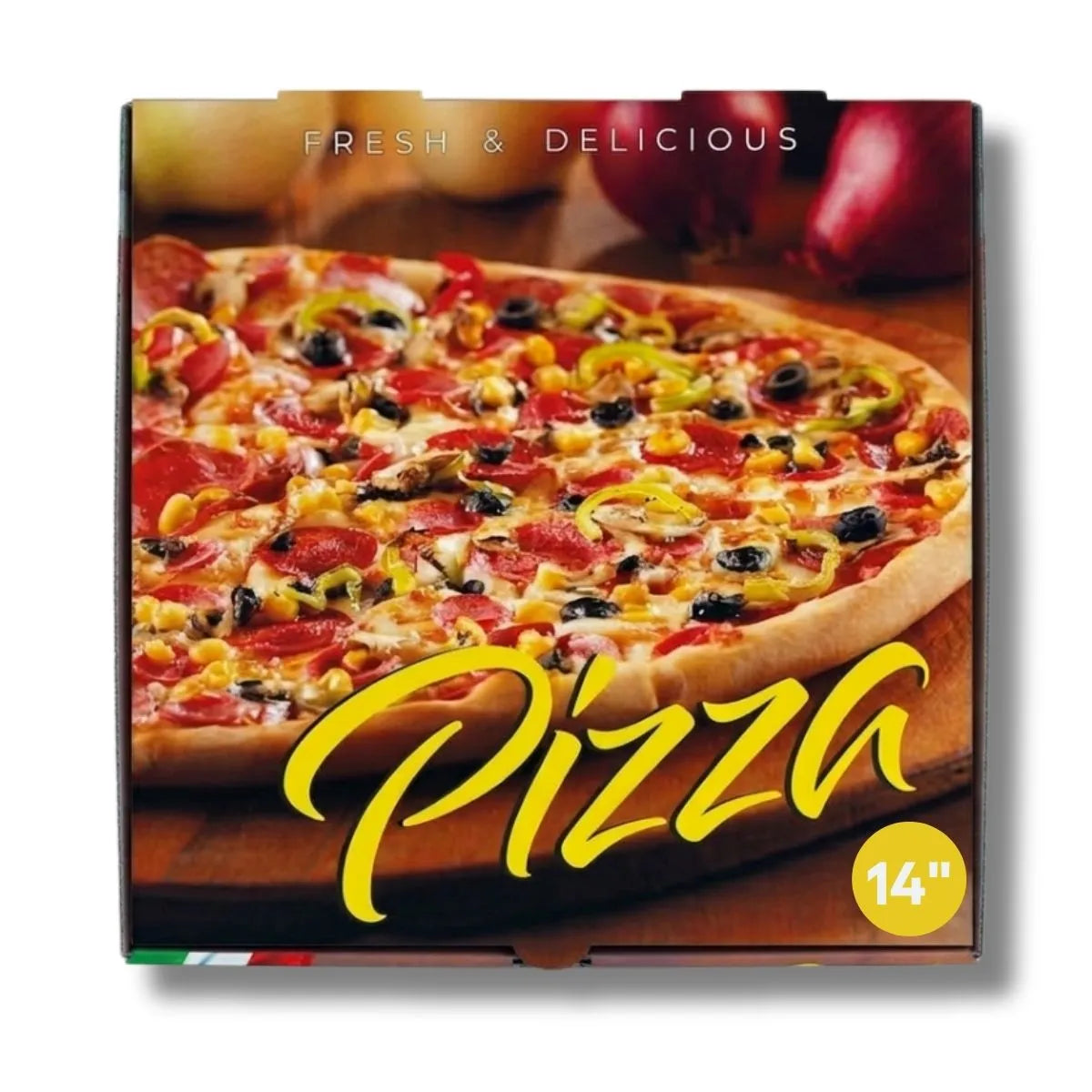 The Italian Pizza Box 14" x 40 is a square corrugated cardboard box with an image of a veggie and pepperoni 14-inch pizza. "Pizza" and "Fresh & Delicious" are printed on this sturdy takeaway packaging.