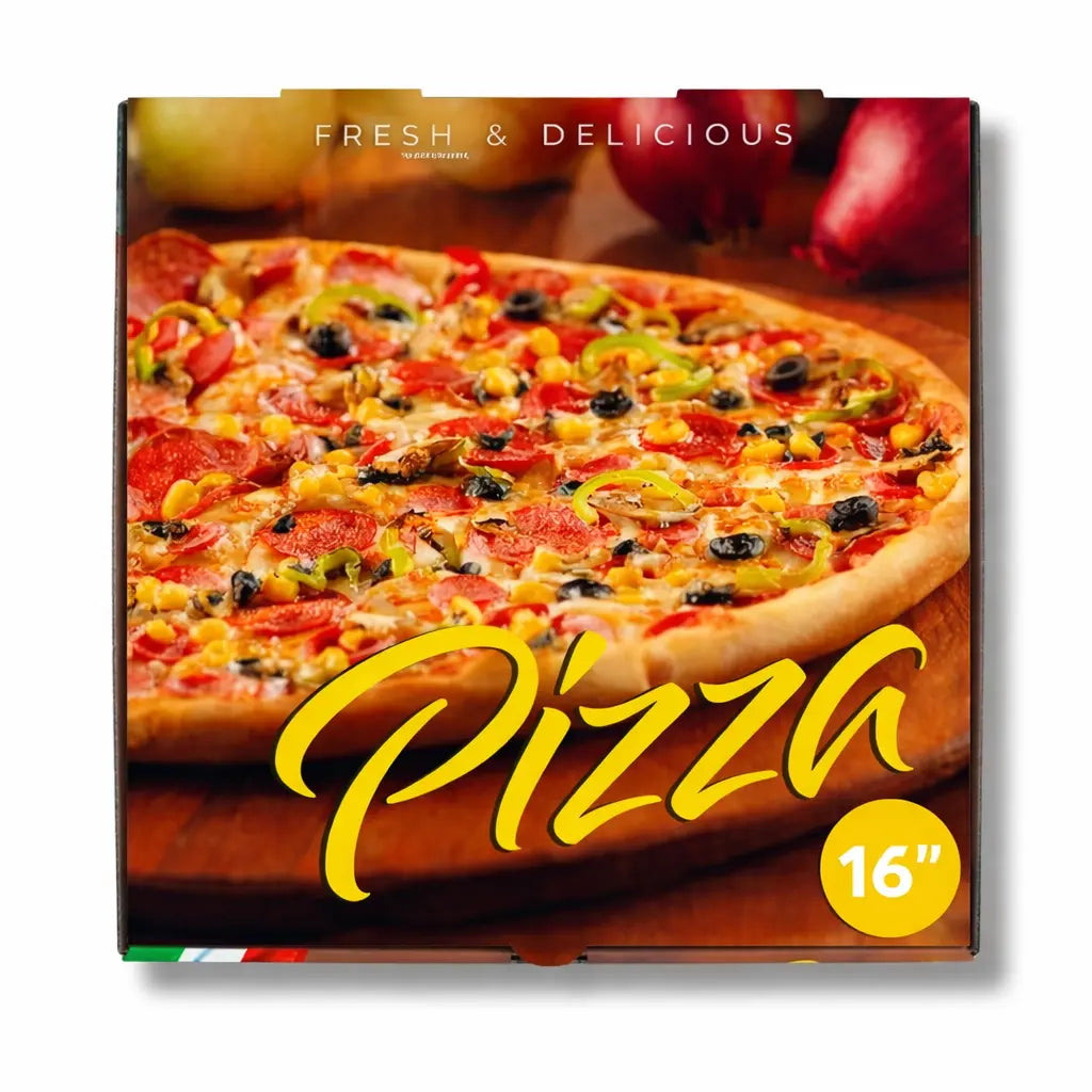 The Italian Pizza Box 16" 40 Pack features a visually appealing 16-inch pizza with vegetables and pepperoni and bold “Fresh & Delicious Pizza” text—ideal for Italian pizza takeaway or packaging needs.