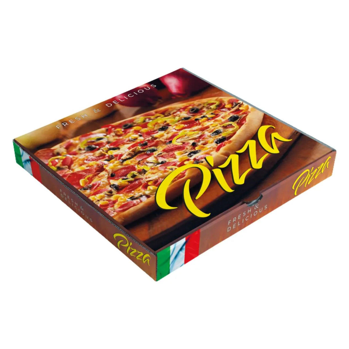 The Italian Pizza Box 10" x 90 features a closed lid with an image of a veggie and pepperoni pizza and "Pizza" in yellow cursive—ideal for stylish, eye-catching takeaway packaging.