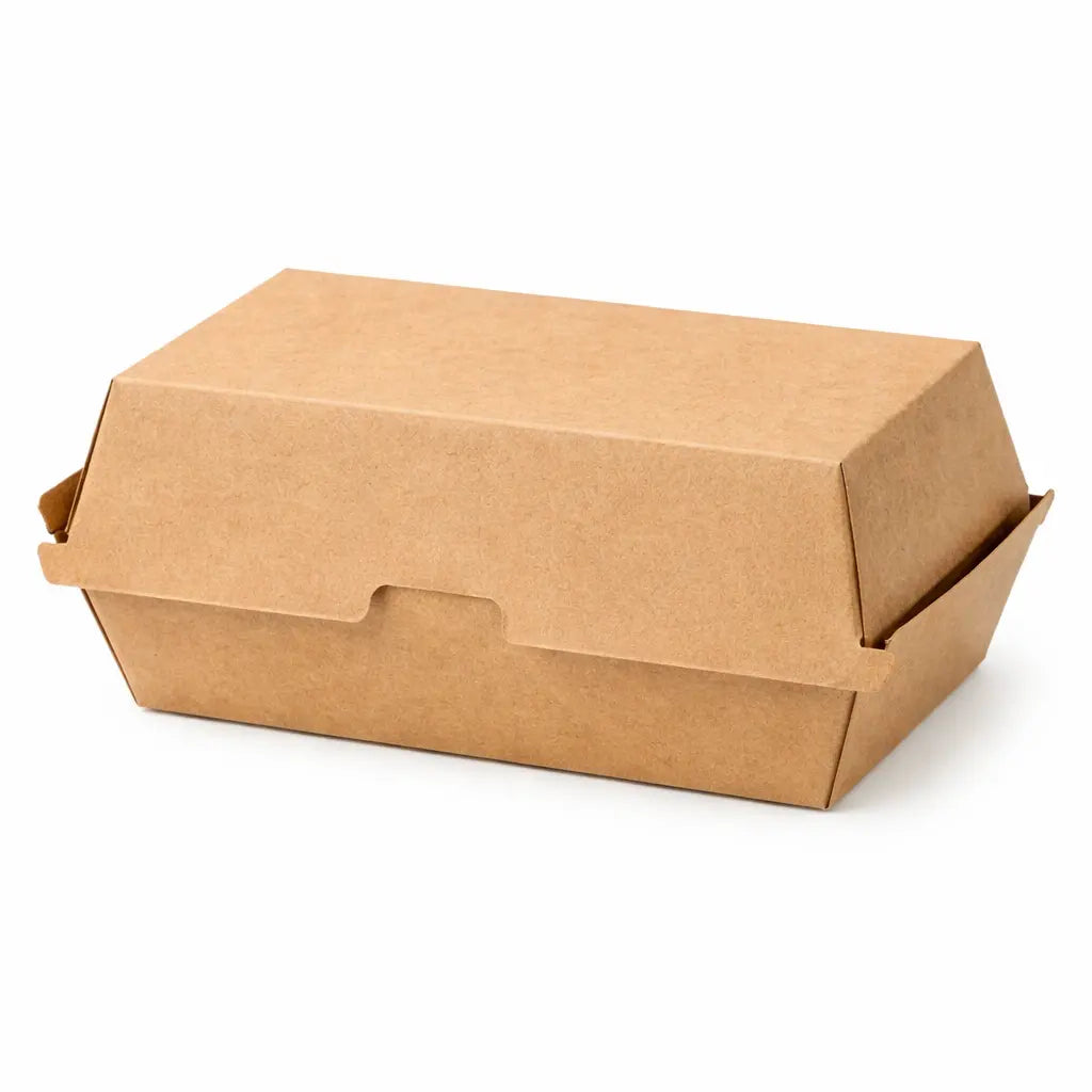 A closed Kraft Clamshell Meal Box Large HP10 rests on a white background, highlighting practical, eco-friendly takeaway packaging. Available in a 200 pack.