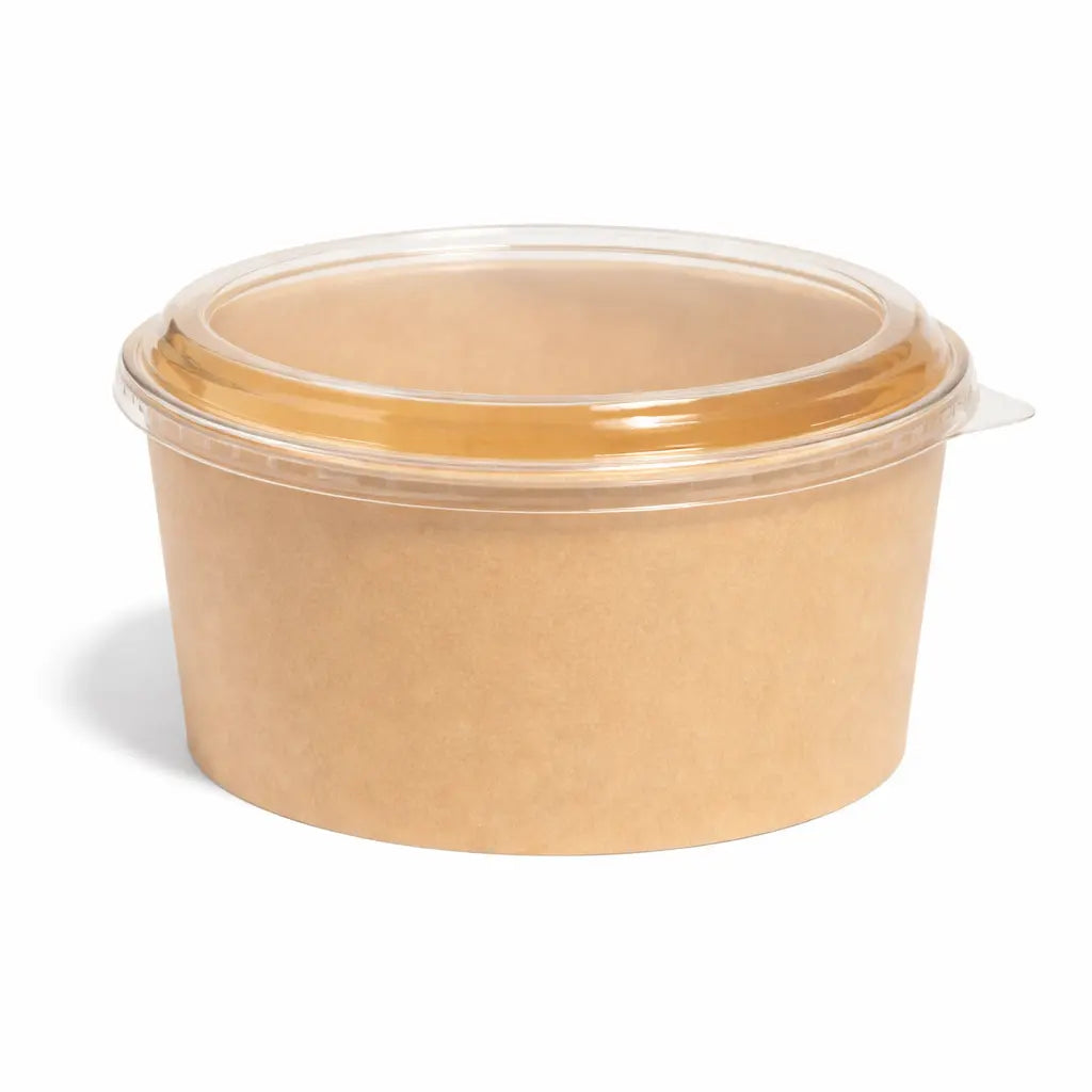 The Kraft Paper Bowl 750ml 300 Pack features brown paper bowls with clear plastic lids, perfect for takeaway food packaging, displayed against a white background.
