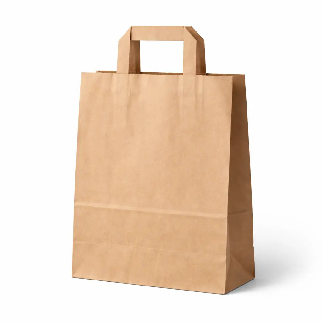 The SOS Kraft Bags 10" x 12" (250 Pack) feature flat handles and a sturdy brown design, ideal for use as reliable paper food bags.
