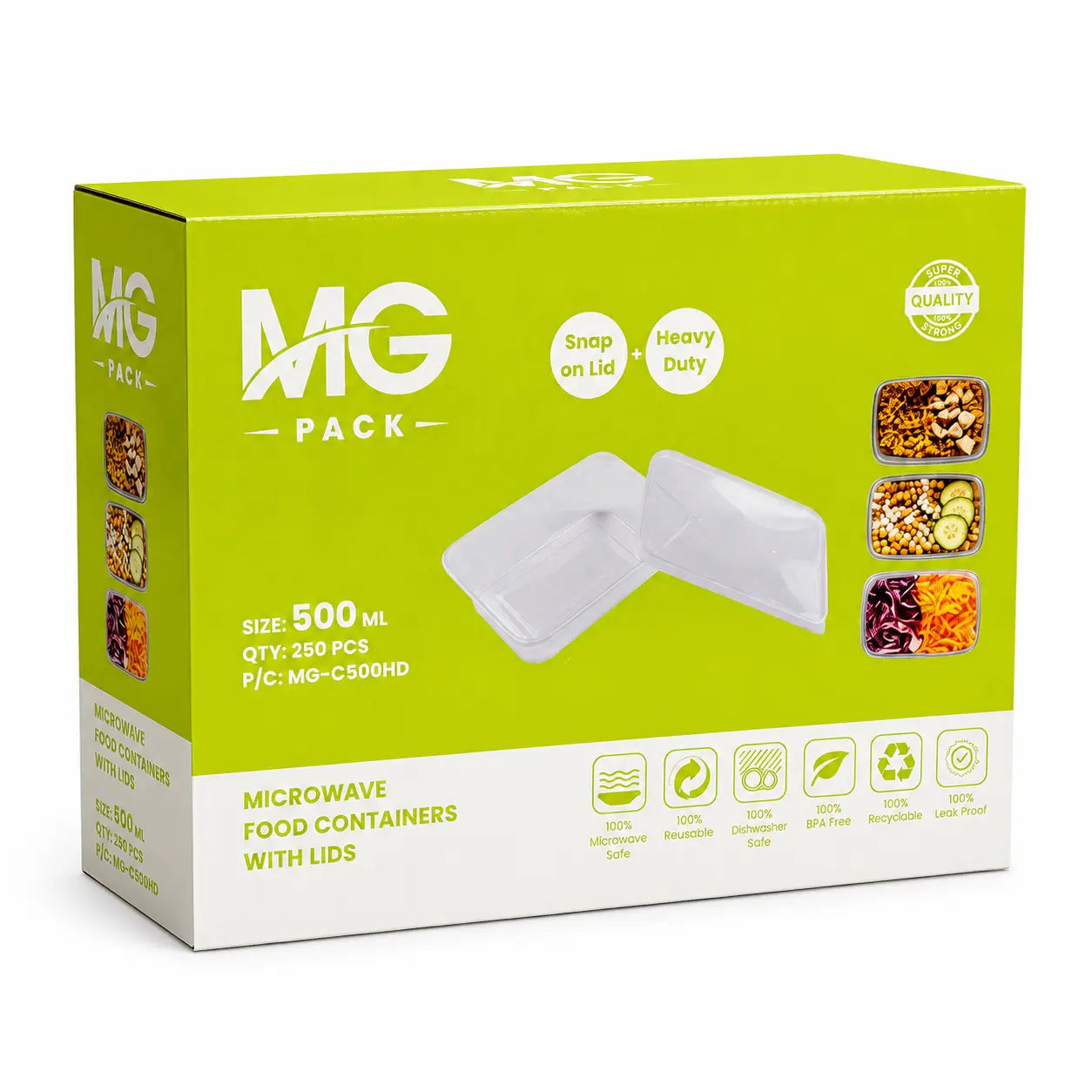 A green and white box of Heavy Duty Containers & Lids 500ml 250 Pack includes 250 microwave-safe, BPA-free plastic food containers with lids. Made from food-grade polypropylene, these leak-resistant containers are perfect for convenient meal prep and storage.