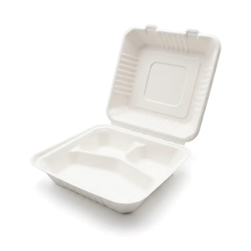 The 3 Compartment Bagasse Meal Box 8" x 8" (150 Pack) is an open, white container made from compostable bagasse—perfect for eco-friendly food packaging. Shown on a plain white background.