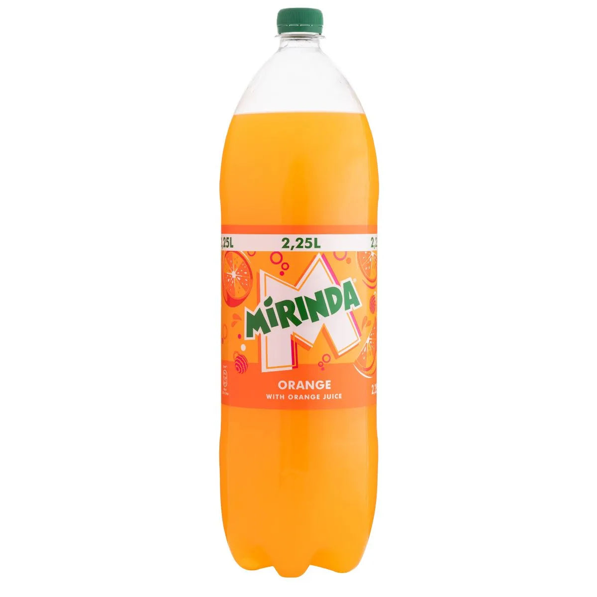 Mirinda Orange 6 x 2.25L bottles with orange labels featuring the brand and orange slice images—ideal for soft drinks wholesale or France import requirements.