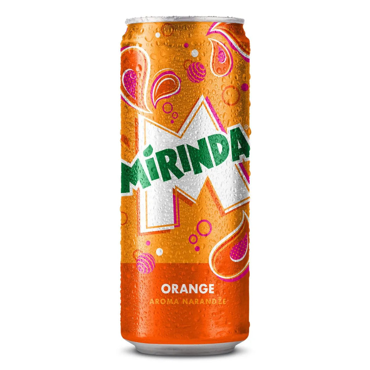 A 330ml Mirinda Orange can with vibrant orange and pink splash graphics and green Mirinda text—available in a wholesale pack of 24, perfect for fans of canned soft drinks.
