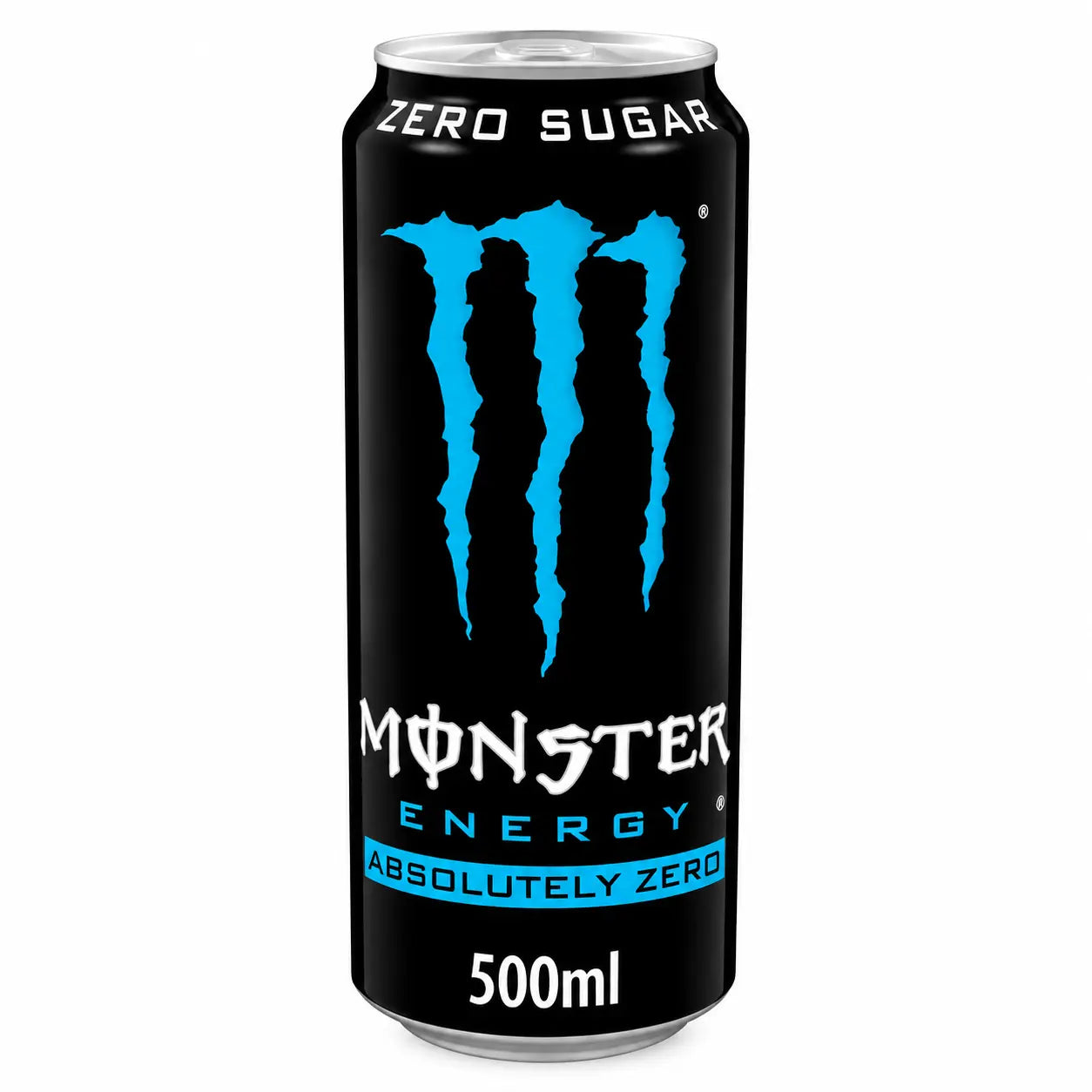 A 500ml can from the Monster Absolutely Zero PM 500ml x 12 pack, featuring a black background, blue logo, and the text “Zero Sugar” and “Absolutely Zero.”.