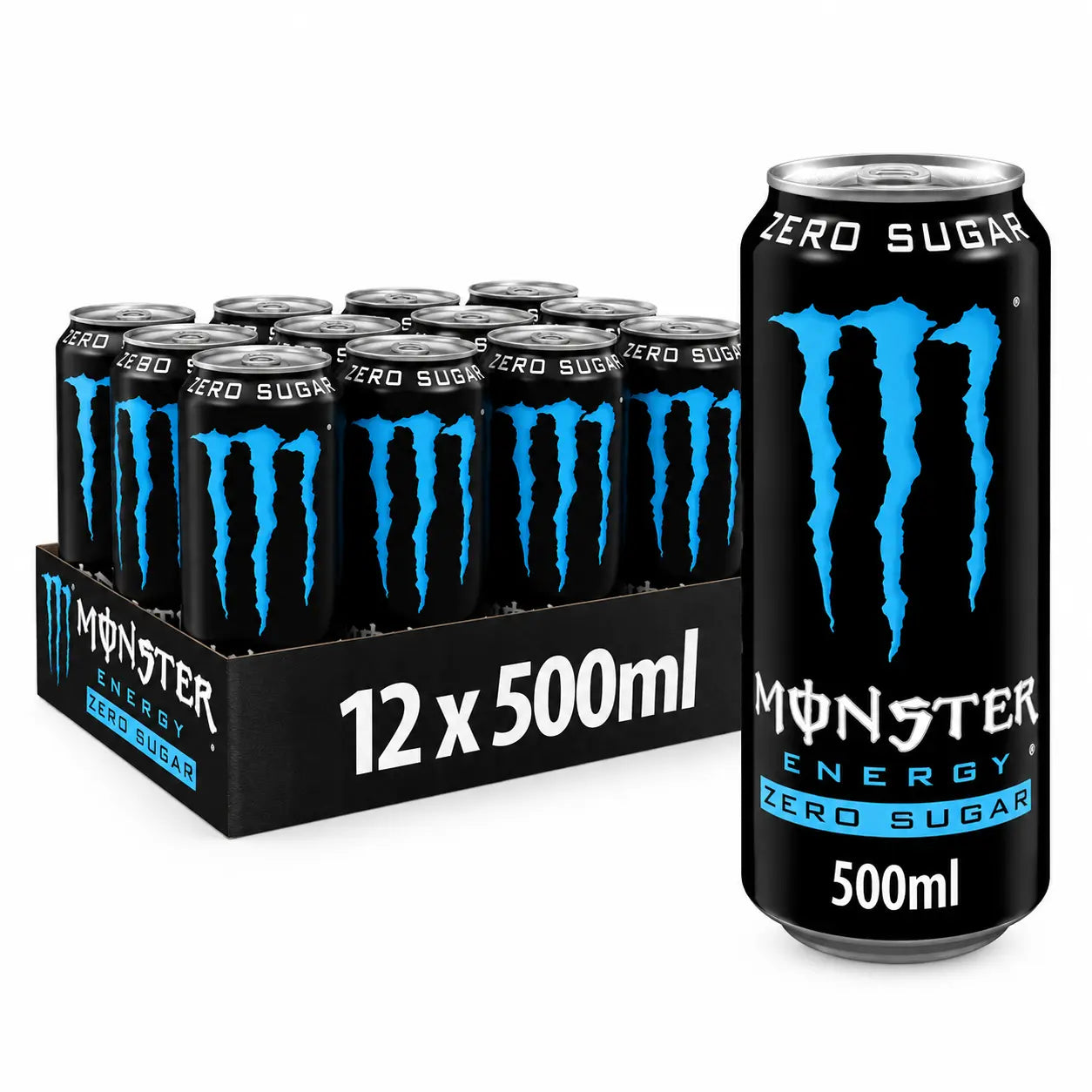 A 12-pack of Monster Absolutely Zero PM 500ml cans is displayed, with one can positioned in front of the box. Each can showcases the blue Monster logo and branding.