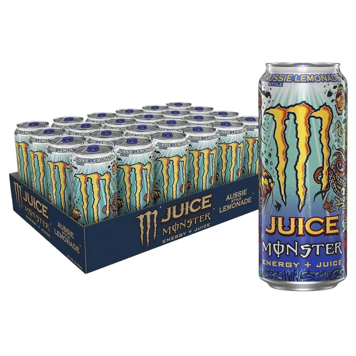A 24-pack of Monster Aussie Style Lemonade 500ml cans, with one can in front showing its bold label—ideal for Monster Energy fans or anyone needing energy drinks in bulk.