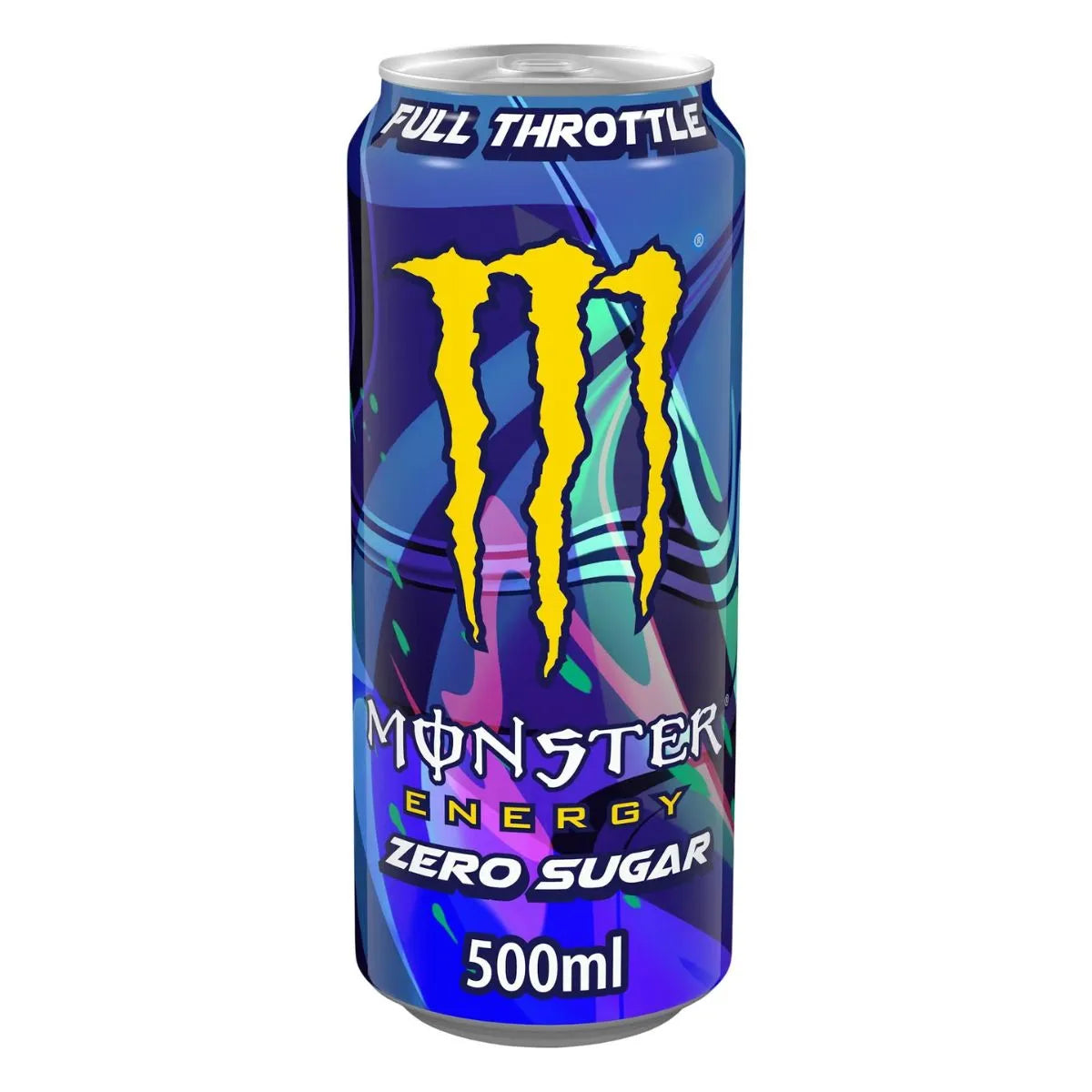 A 500ml can of Monster Full Throttle Zero Sugar, with bold blue, green, and purple graphics featuring the yellow Monster logo. Great for fans of Monster Rossi Sugar Free seeking big flavor with zero sugar. Available in a 24-pack.