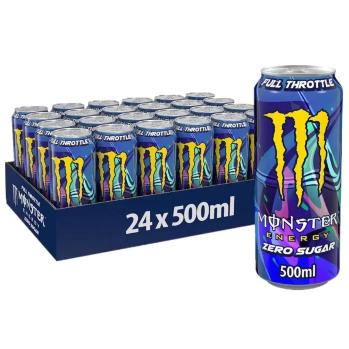 A 24-pack of 500ml Monster Full Throttle Zero Sugar energy drinks, featuring one can standing upright in front of the case.