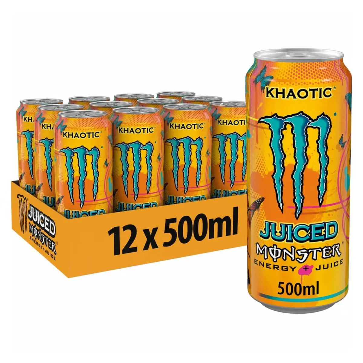 A case of Monster Khaotic 12 x 500ml PM, with a can in front of the box—ideal for wholesale energy drink needs.