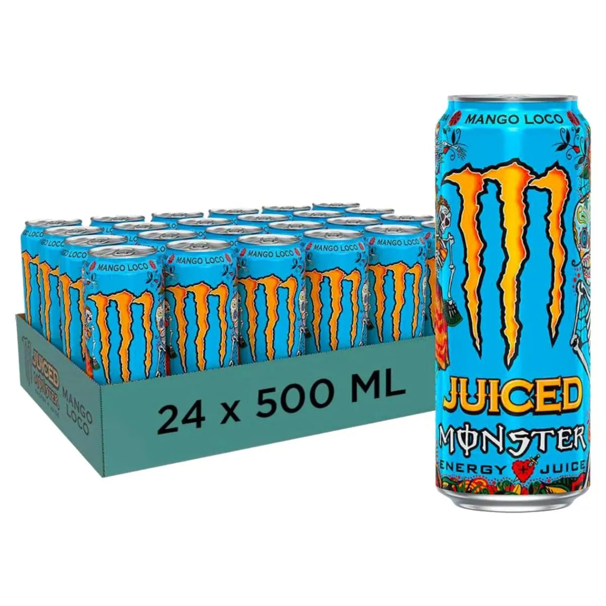 A case of Monster Mango Loco 500ml (6 packs of 4 cans, 24 total) with blue and orange design—ideal for wholesale buyers or fans seeking the bold, juicy flavor of Monster Energy.