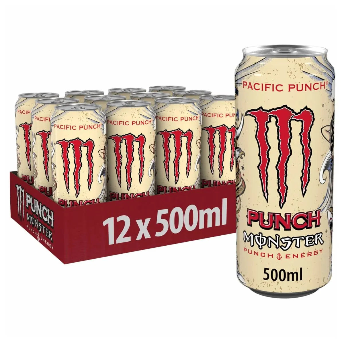 A 12-pack of Monster Pacific Punch 12 x 500ml PM, featuring a detailed can in the foreground—ideal for wholesale energy drink needs.