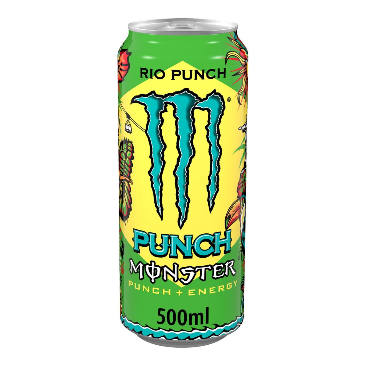 Monster Rio Punch 12 x 500ml PM—tropical-inspired energy drink cans with yellow and green design, Monster logo, and vibrant graphics—available for bulk wholesale in the UK.