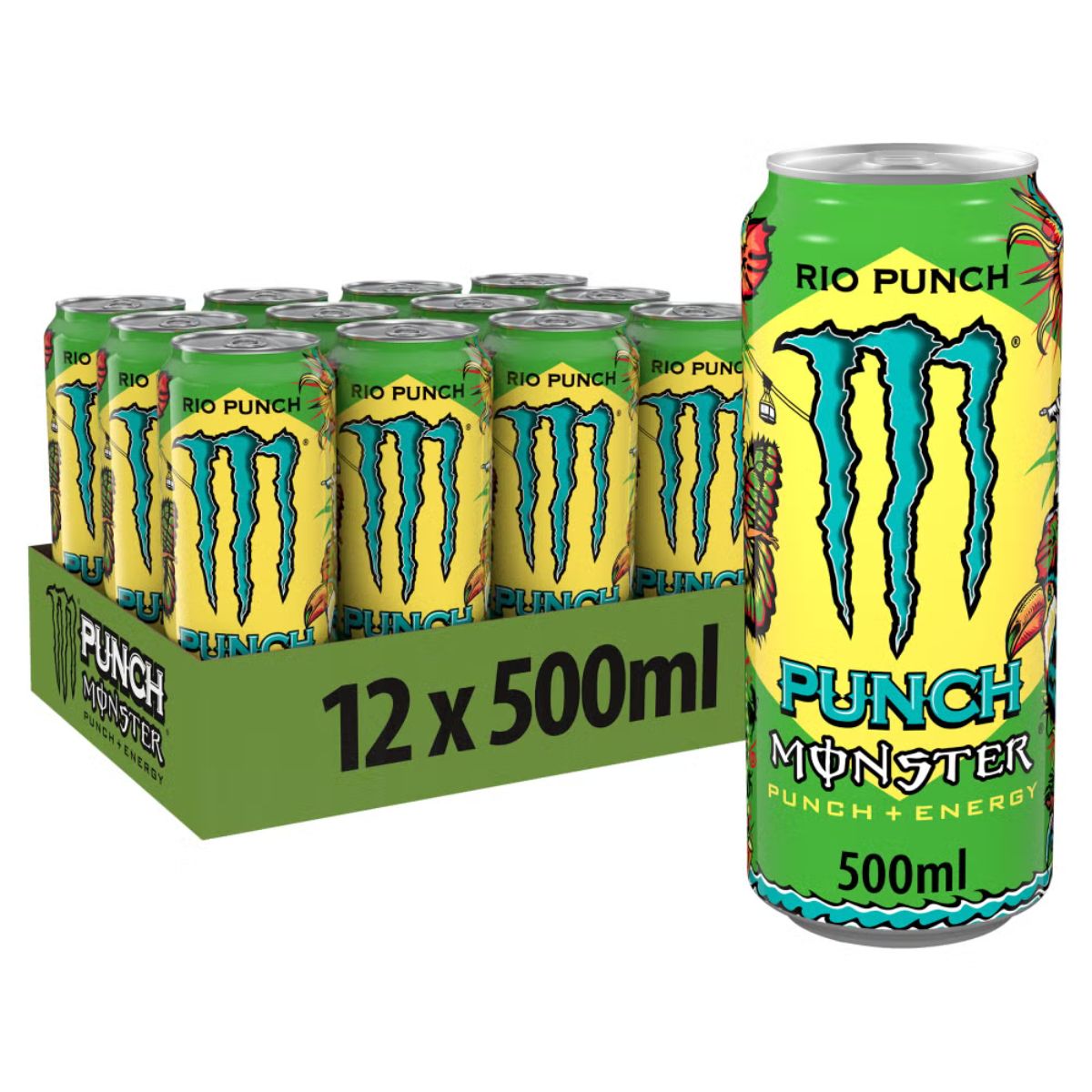 Monster Rio Punch 12 x 500ml PM—12-pack of energy drink cans (500ml each), with one can in front, ideal for wholesale UK.