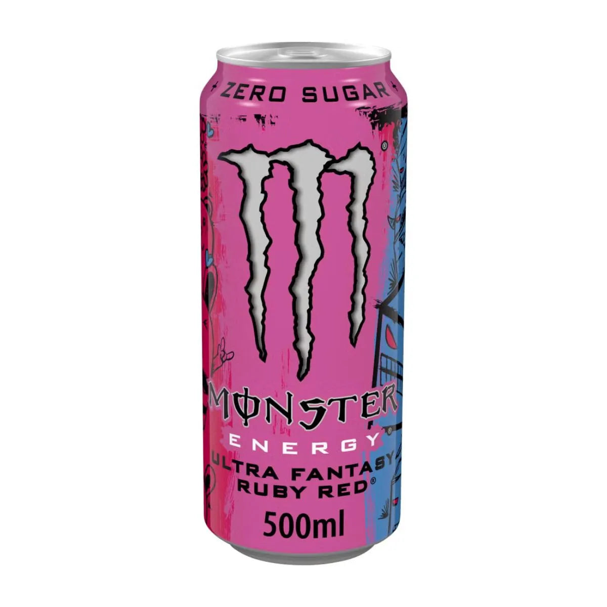 A 500ml can of Monster Ultra Fantasy Ruby Red, with a vibrant pink design, zero sugar, and the signature Monster claw logo. Available in a pack of 12.
