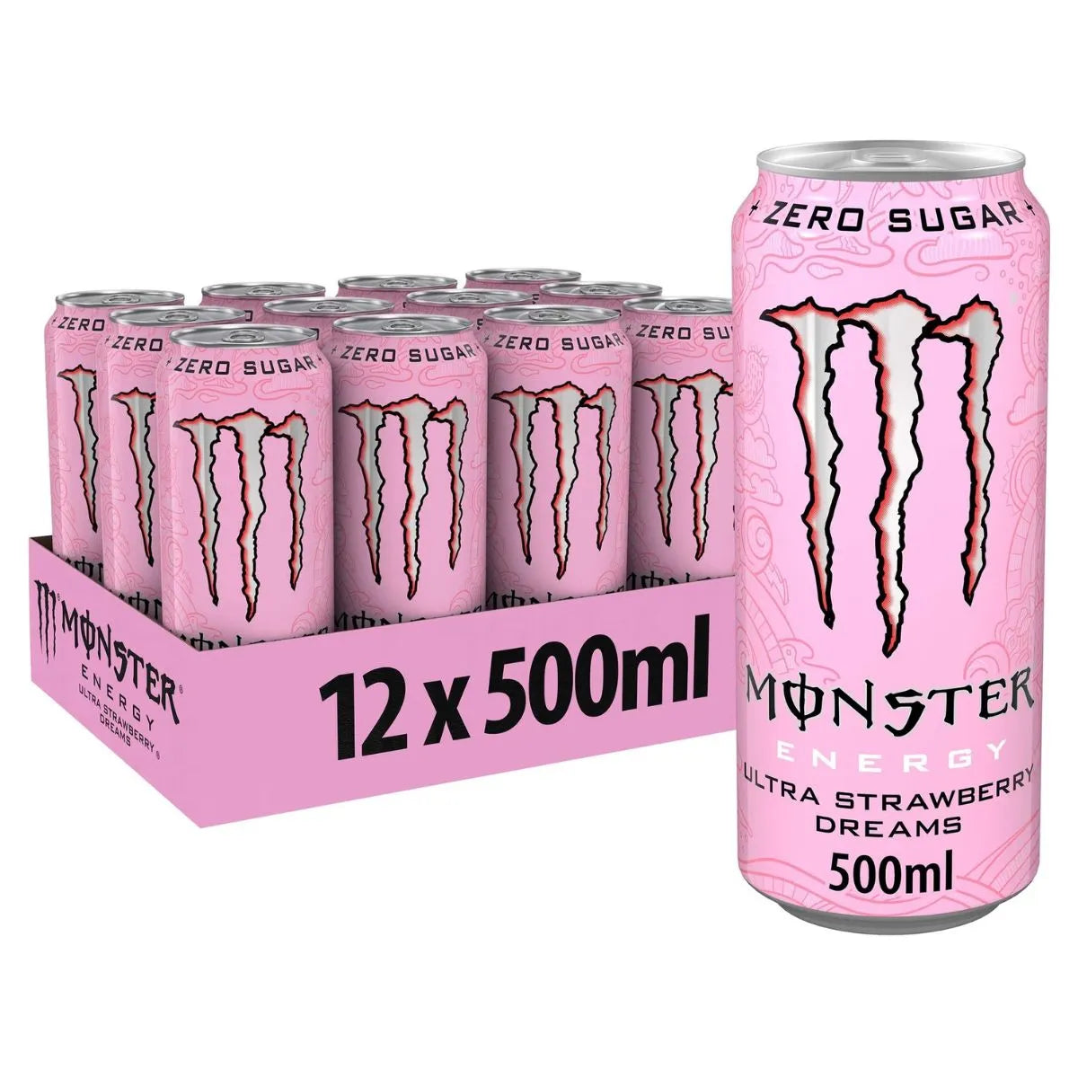 Monster Ultra Strawberry Dream 12 x 500ml PM—this 12-pack of zero sugar energy drinks is ideal for wholesale or stocking up on your favorite refreshing flavor, with a featured 500ml can in front.