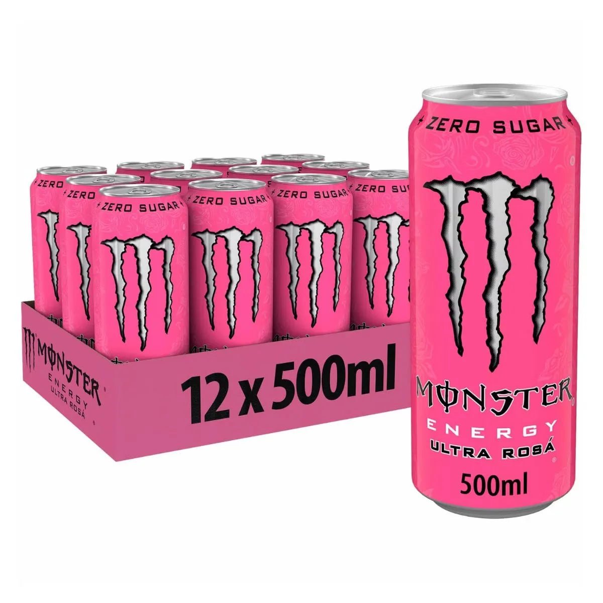 A 12-pack of Monster Ultra Rosá 12 x 500ml PM sugar-free energy drinks, shown in a pink cardboard tray with one can in front.