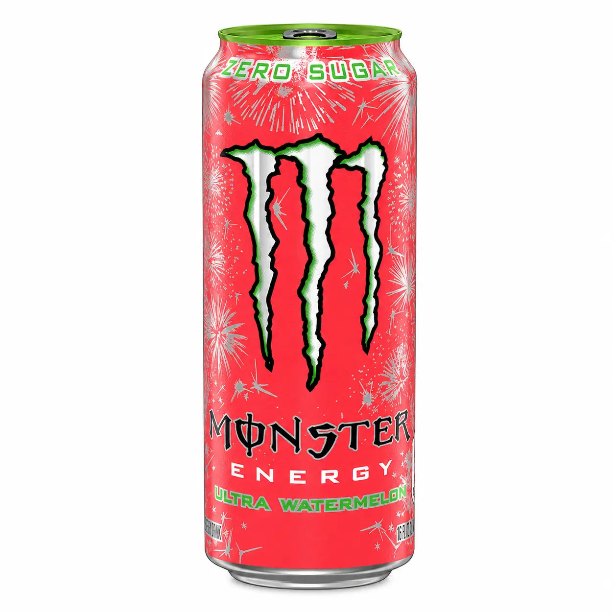 A 500ml can of Monster Ultra Watermelon (imported), featuring a green top, a red background with fireworks, and the Monster logo. The packaging highlights zero sugar and comes in a case of 24 cans.