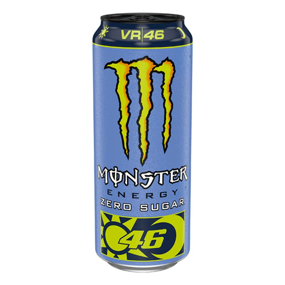 A 500ml can of Monster Rossi Zero Sugar energy drink with a blue and yellow design, featuring VR46 and 46 on the front; available in a pack of 12.