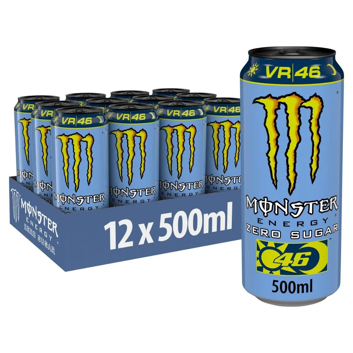 A 12-pack of Monster Rossi Zero Sugar energy drink, each can 500ml, with PM branding and bold blue packaging. One can is shown in front of the box.