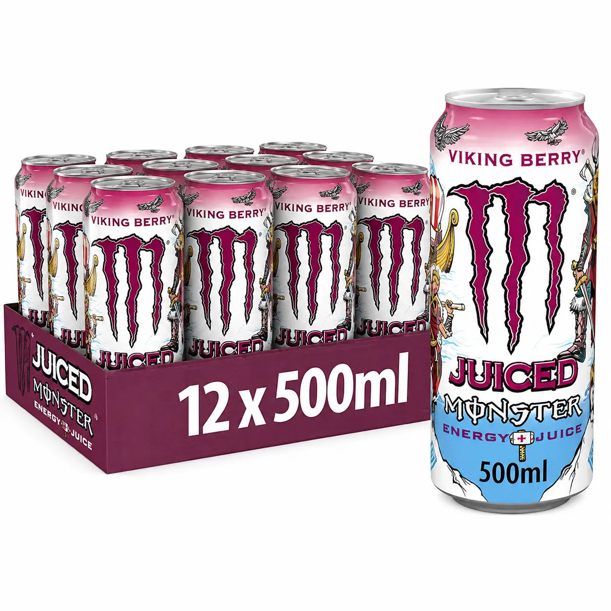 A 12-pack of Monster Viking Berry PM energy drink, 500ml cans each, with one can displayed in front for detail.