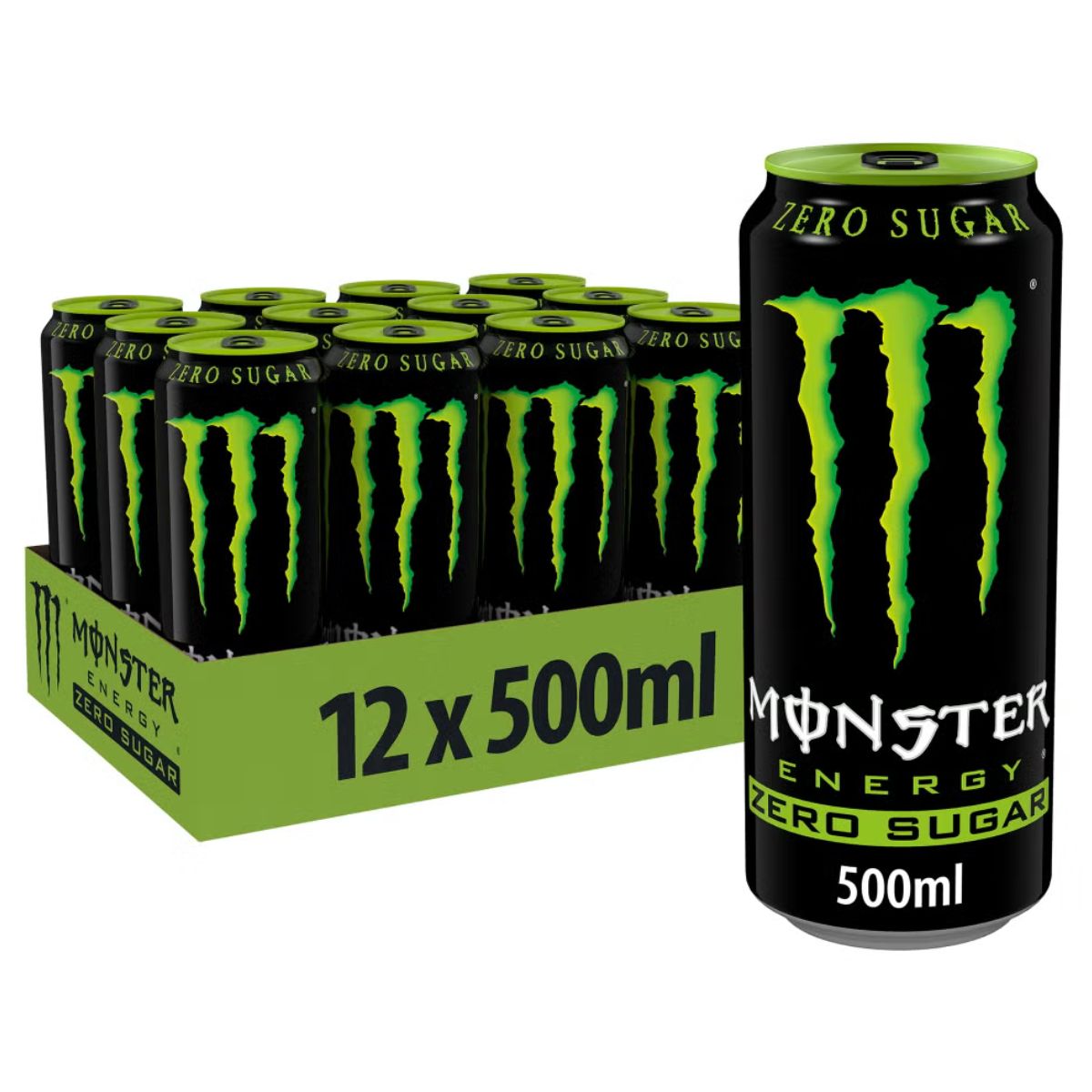 A 12-pack of Monster Zero Sugar 12 x 500ml PM, featuring a front can displaying the logo and details—ideal for wholesale energy drink purchases.