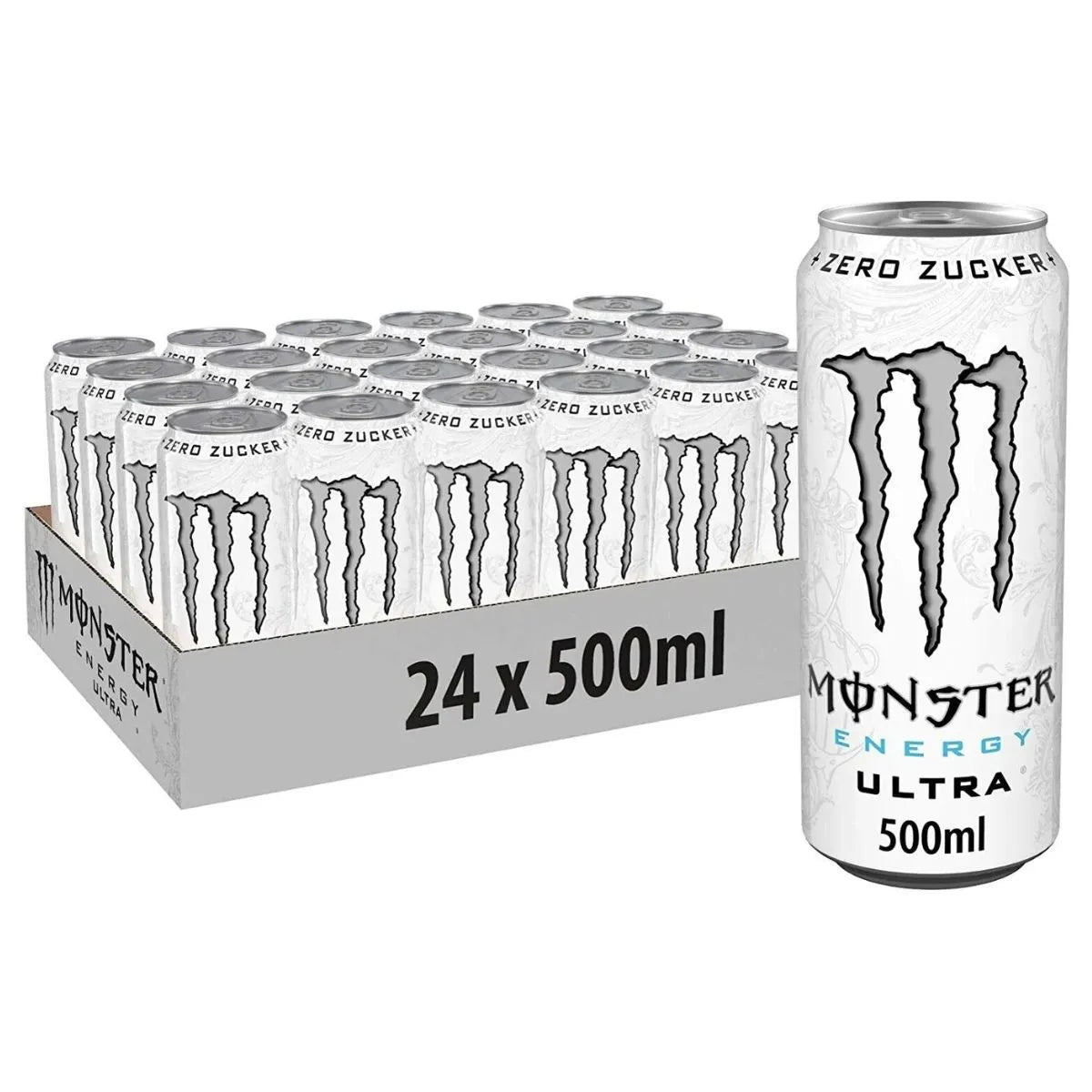 Monster Ultra 24 x 500ml—case of sugar-free energy drink cans, ideal for wholesale buyers looking for a Zero Zucker (zero sugar) option.