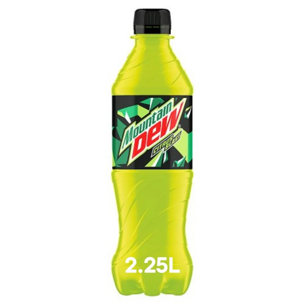 Mountain Dew 6 x 2.25L offers six large bottles of citrus-flavored soft drink, each with a black cap and green-black label—ideal for anyone needing bulk Mountain Dew for wholesale or events.