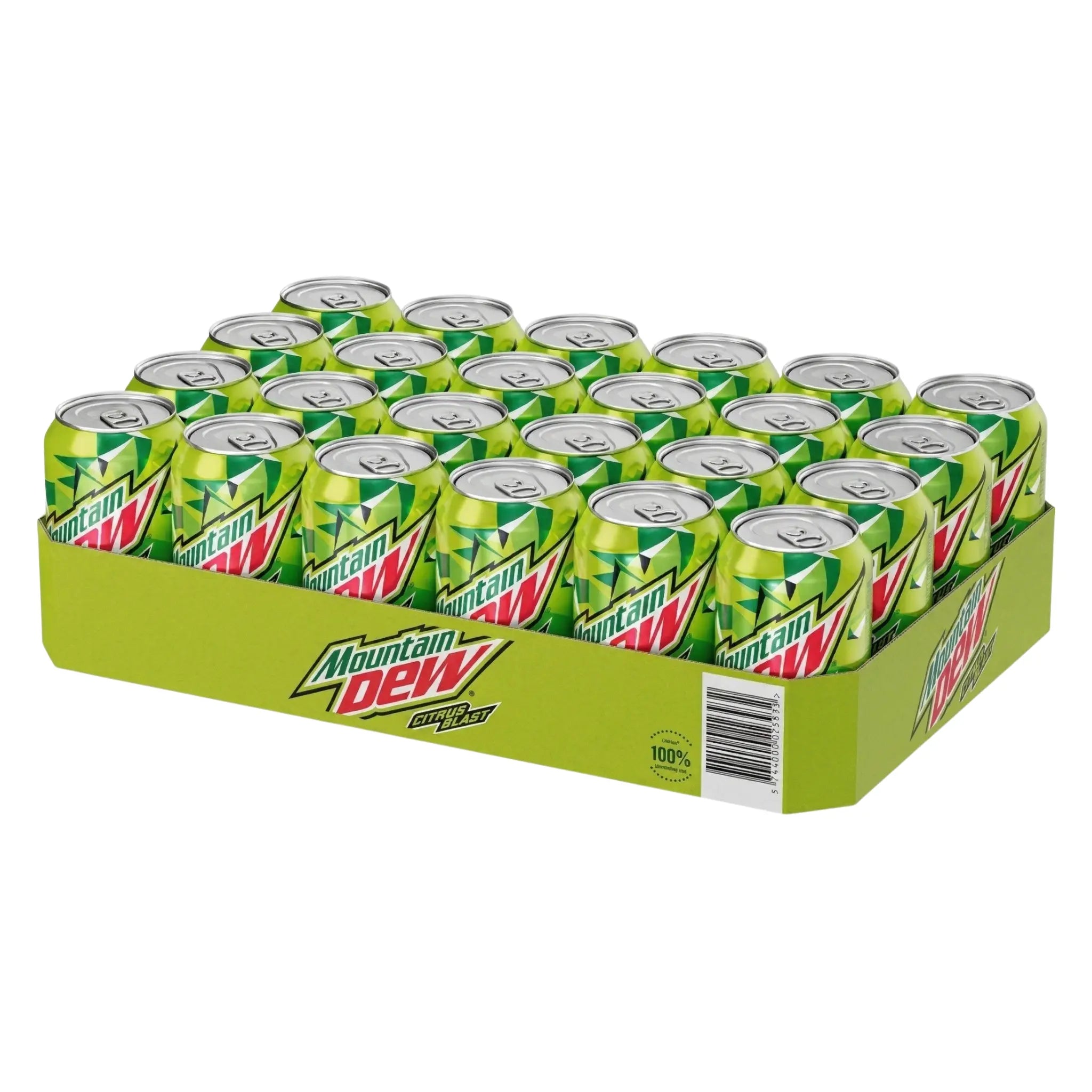 A 24-pack of Mountain Dew Citrus Blast 330ml cans in a green tray, with the logo on the side and can fronts. Perfect for wholesale or import to the Netherlands.