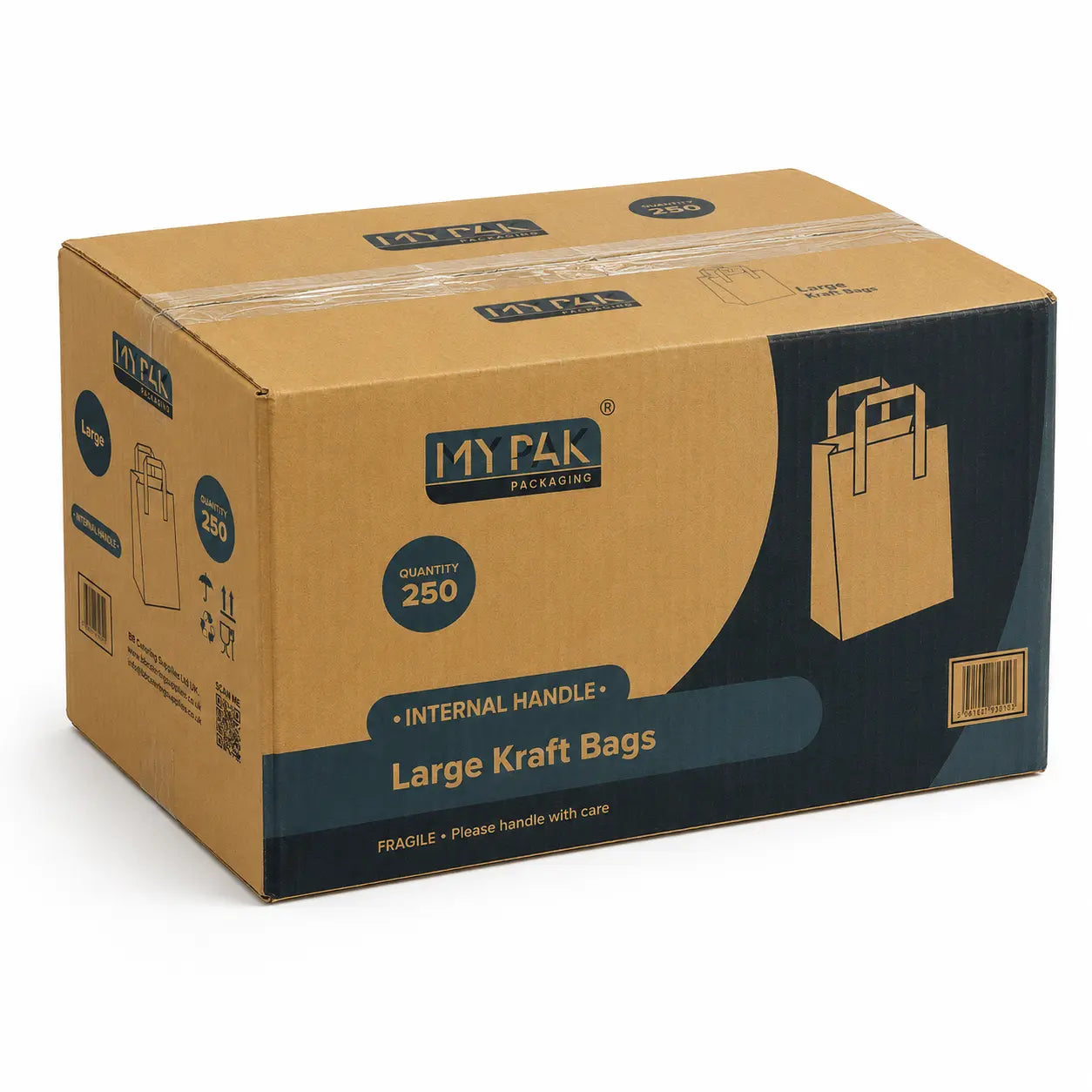A brown MYPAK Packaging box contains 250 SOS Kraft Bags (10 x 12 inch) with internal handles—food-safe, grease-resistant, and ideal for bulk food packaging.