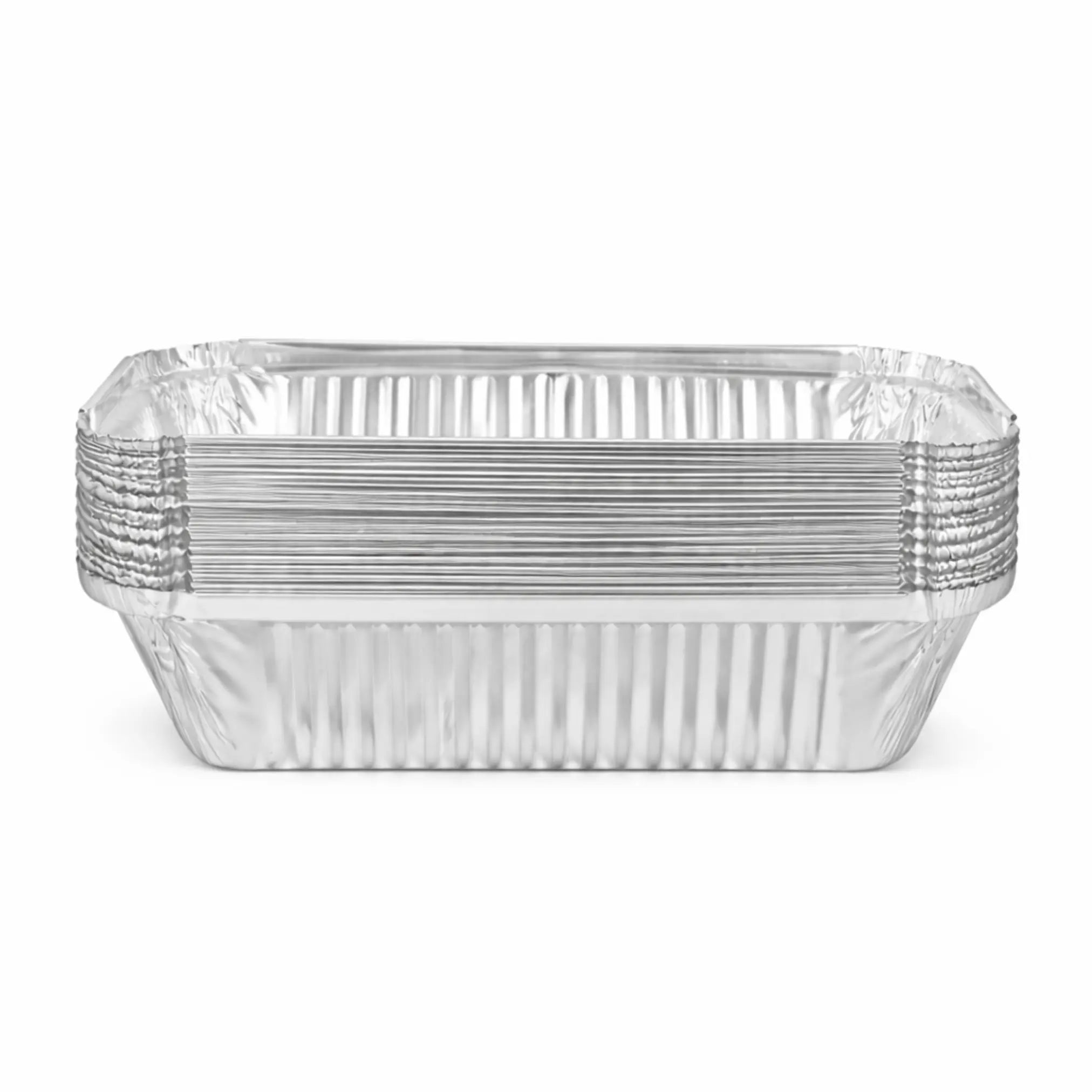 A side view shows a stack of Aluminium Foil Containers No.6 (500 Pack), featuring a rectangular, ribbed design, used for food storage or takeaway packaging on a white background.