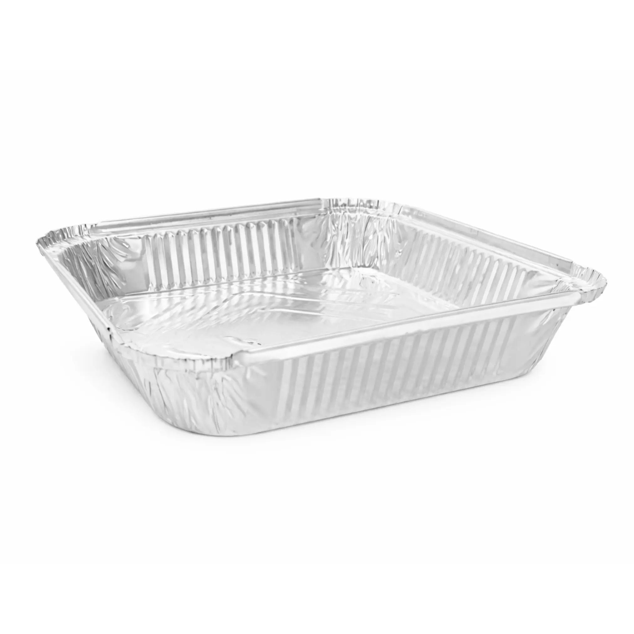 Aluminium Foil Containers No.9 1.5" (180 Pack) with raised edges, ideal for takeaway food packaging, shown empty on a white background.