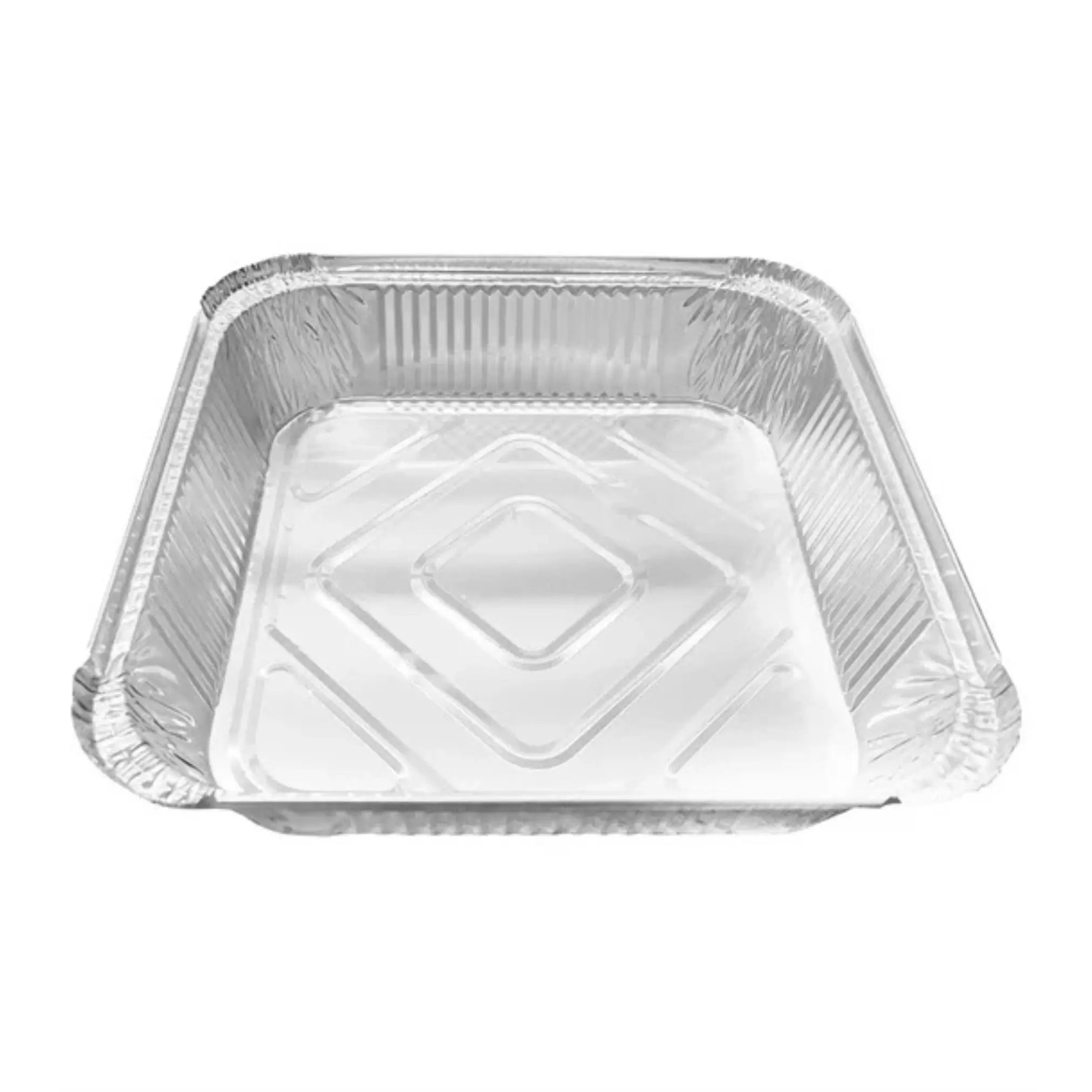 The Aluminium Foil Containers No.9 2" 180 Pack features disposable rectangular containers with raised edges—perfect for takeaway food packaging or convenient food storage.