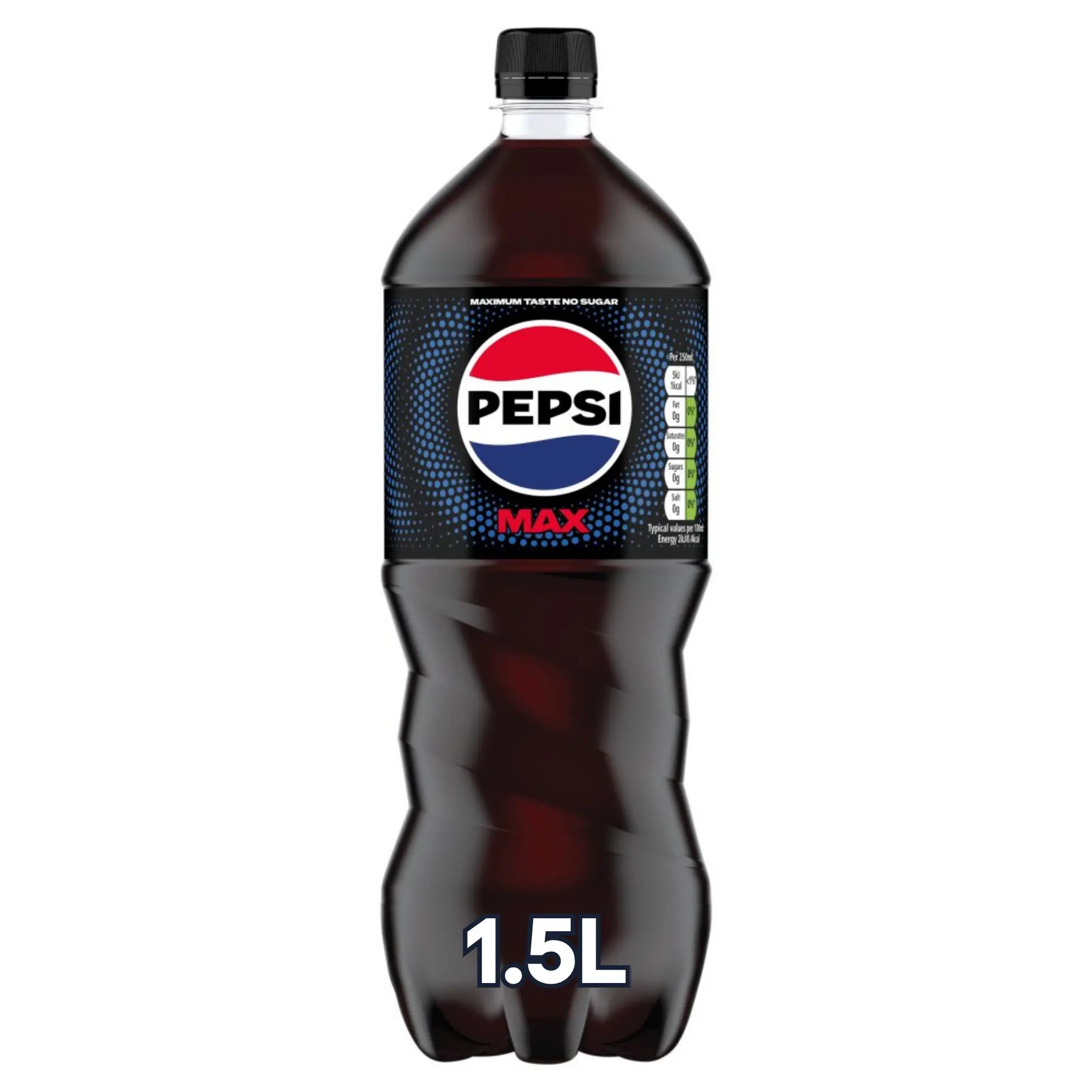 Pepsi Max 1.5L Bottles 12 Pack—sugar-free soft drink in blue-labeled, black-capped bottles—ideal for those seeking bulk soft drinks wholesale.