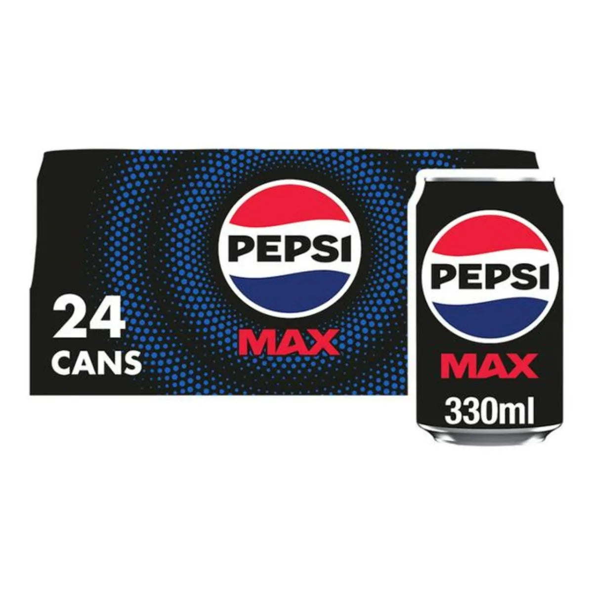 Pepsi Max 24 x 330ml—24 cans in a box, each featuring the Pepsi logo and branded text on a black background. Ideal for sugar-free cola lovers or wholesale soft drink needs.
