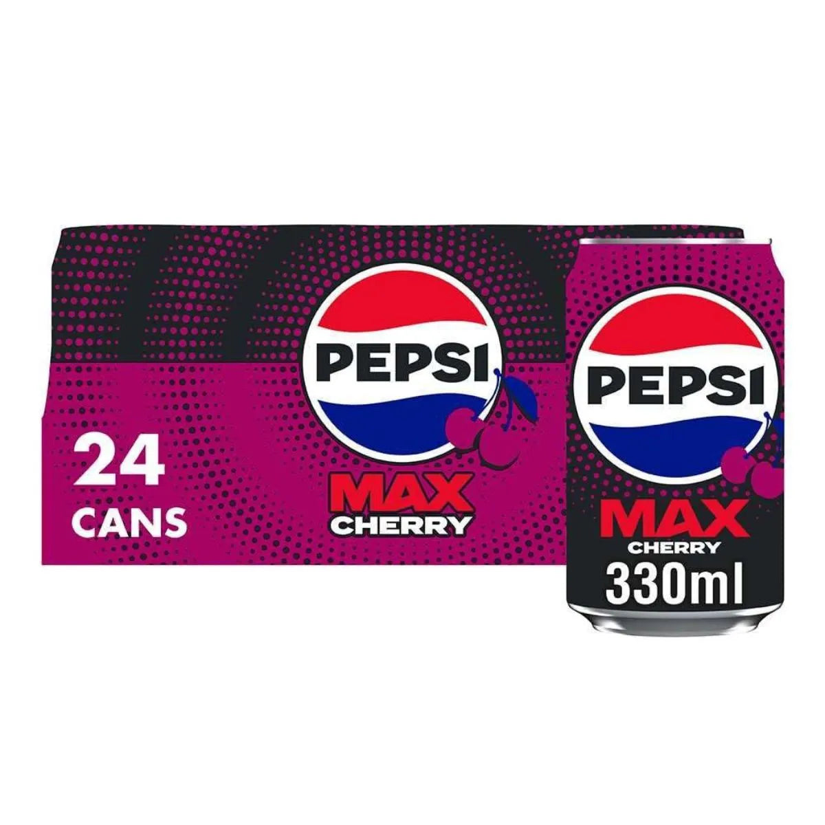 Pepsi Max Cherry 24 x 330ml pack, with one can in front, displays the bold Pepsi Max Cherry branding and purple-red colors. Enjoy this sugar-free soft drink for bold cherry flavor without guilt.