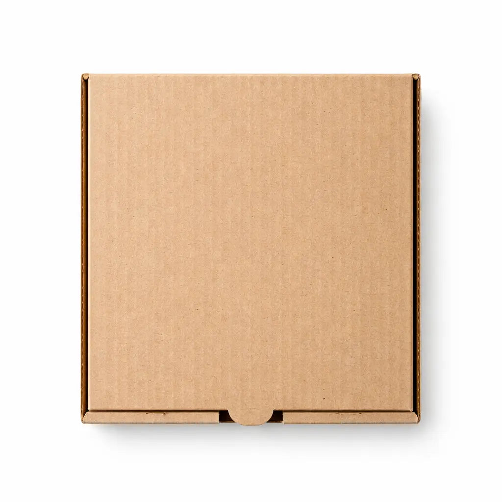 A pack of 90 Plain Brown Pizza Box 7" units, ideal for takeaway pizza packaging, is shown closed and photographed from above against a white background.