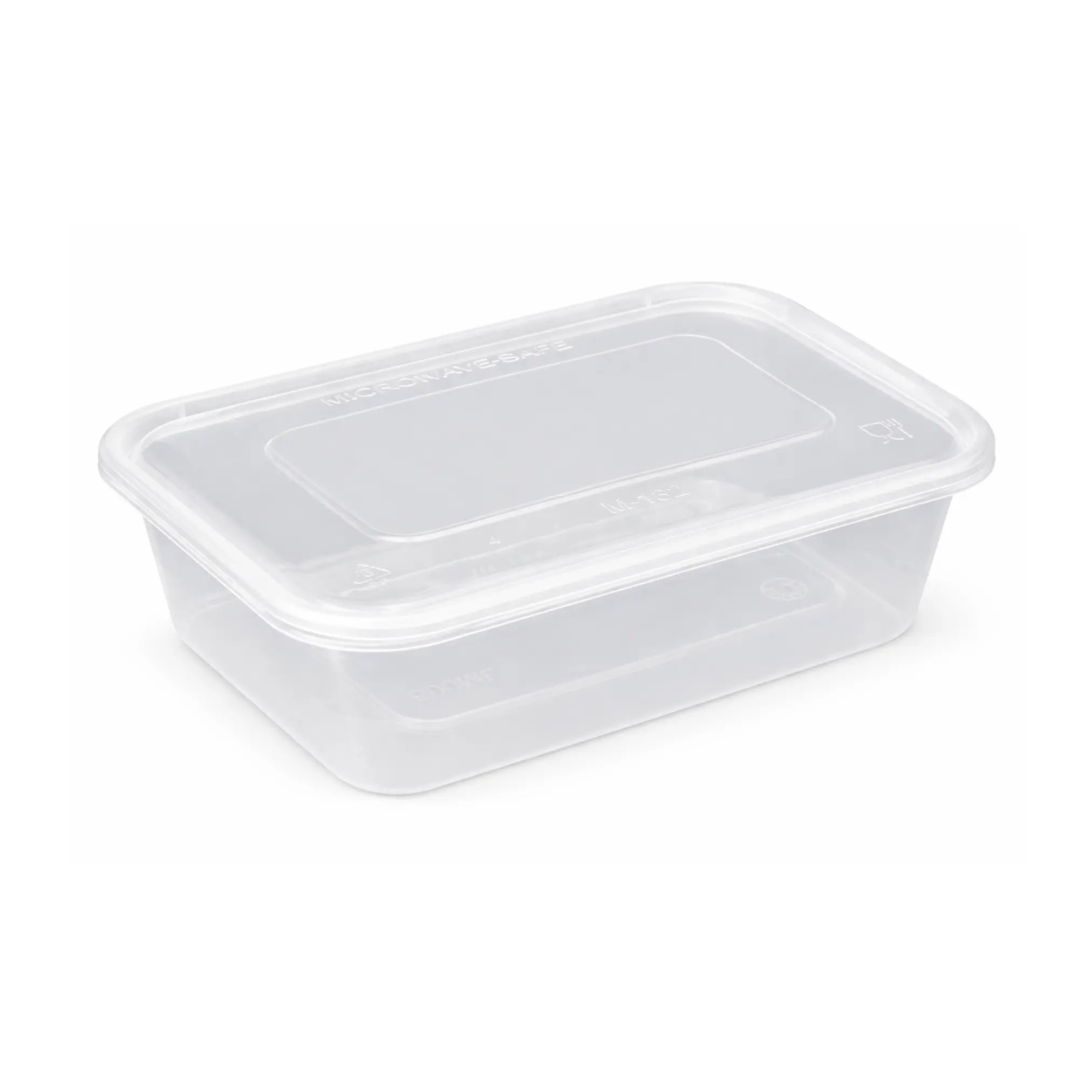 Heavy Duty Containers & Lids 500ml 225 Pack—clear rectangular plastic containers with fitted lids, perfect for reliable takeaway packaging and food storage. Shown against a white background.