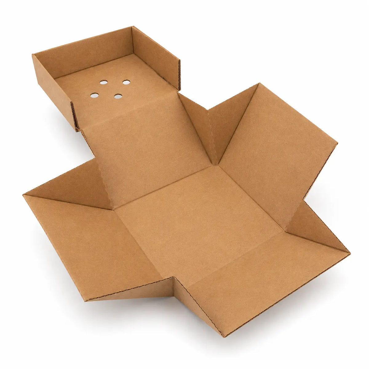 The Kraft Burger Box 90 Pack is shown unassembled with four flaps open on a white surface; its upper section features five small holes, making it an excellent choice for eco-friendly food packaging.