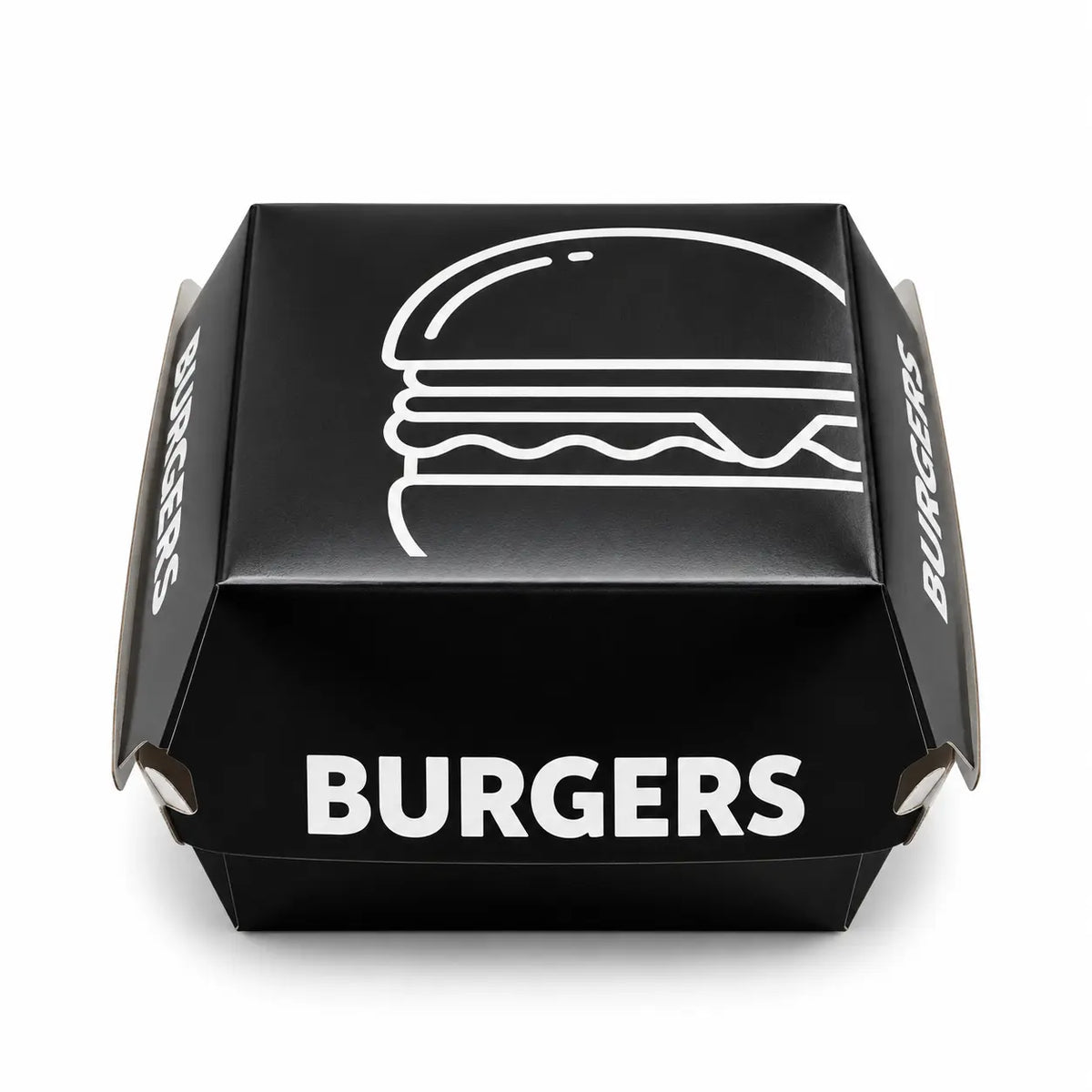 Printed Burger Boxes Mixed Colours 200 Pack: These recyclable burger boxes feature a bold printed design with line art and “BURGERS” branding on the front and sides, combining style and sustainability for your food packaging needs.