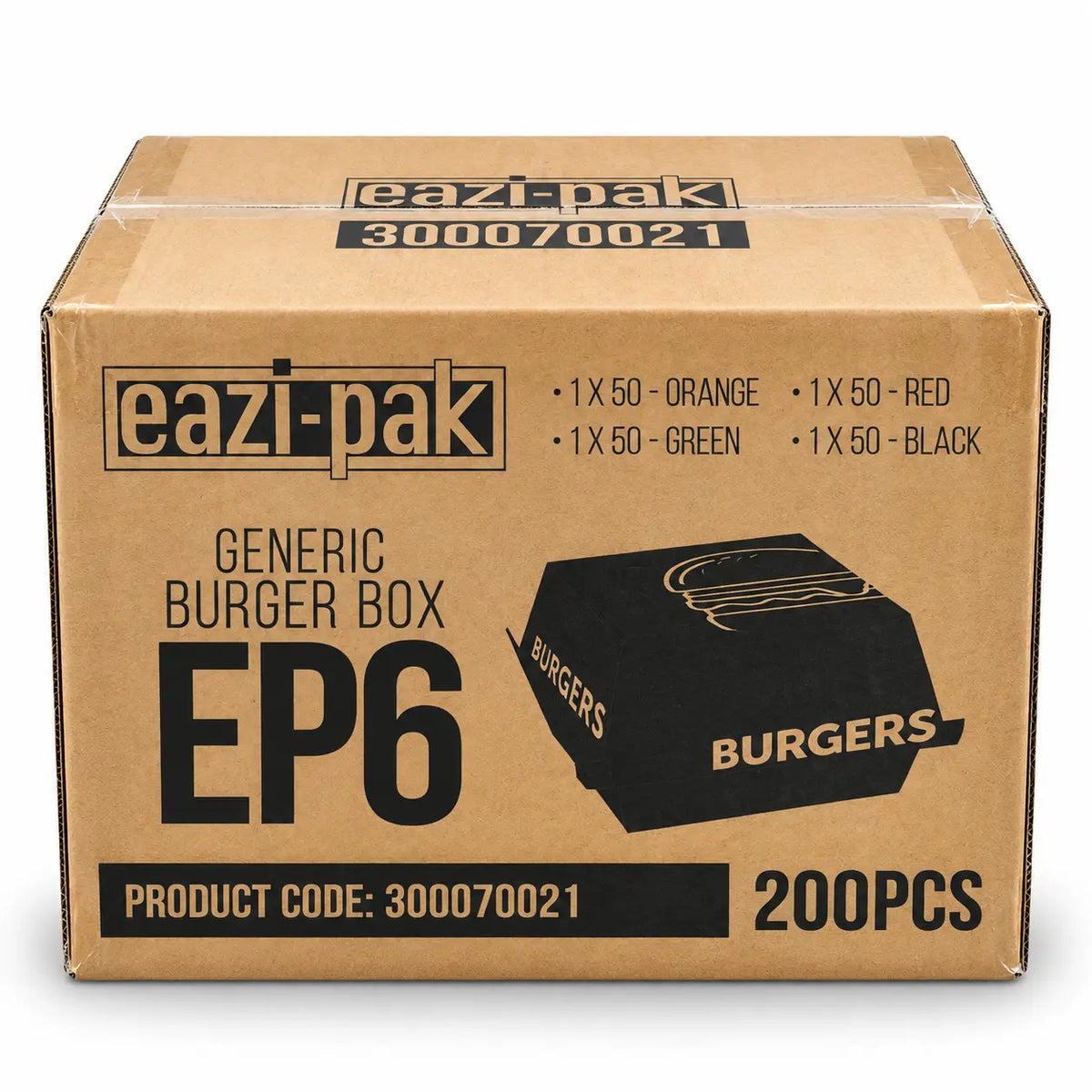 Printed cardboard box labeled “eazi-pak Printed Burger Boxes Mixed Colours, 200pcs” with product code 300070021 and color/quantity details printed on the front. These recyclable burger boxes are available in assorted colours for easy identification and offer eco-friendly packaging solutions.