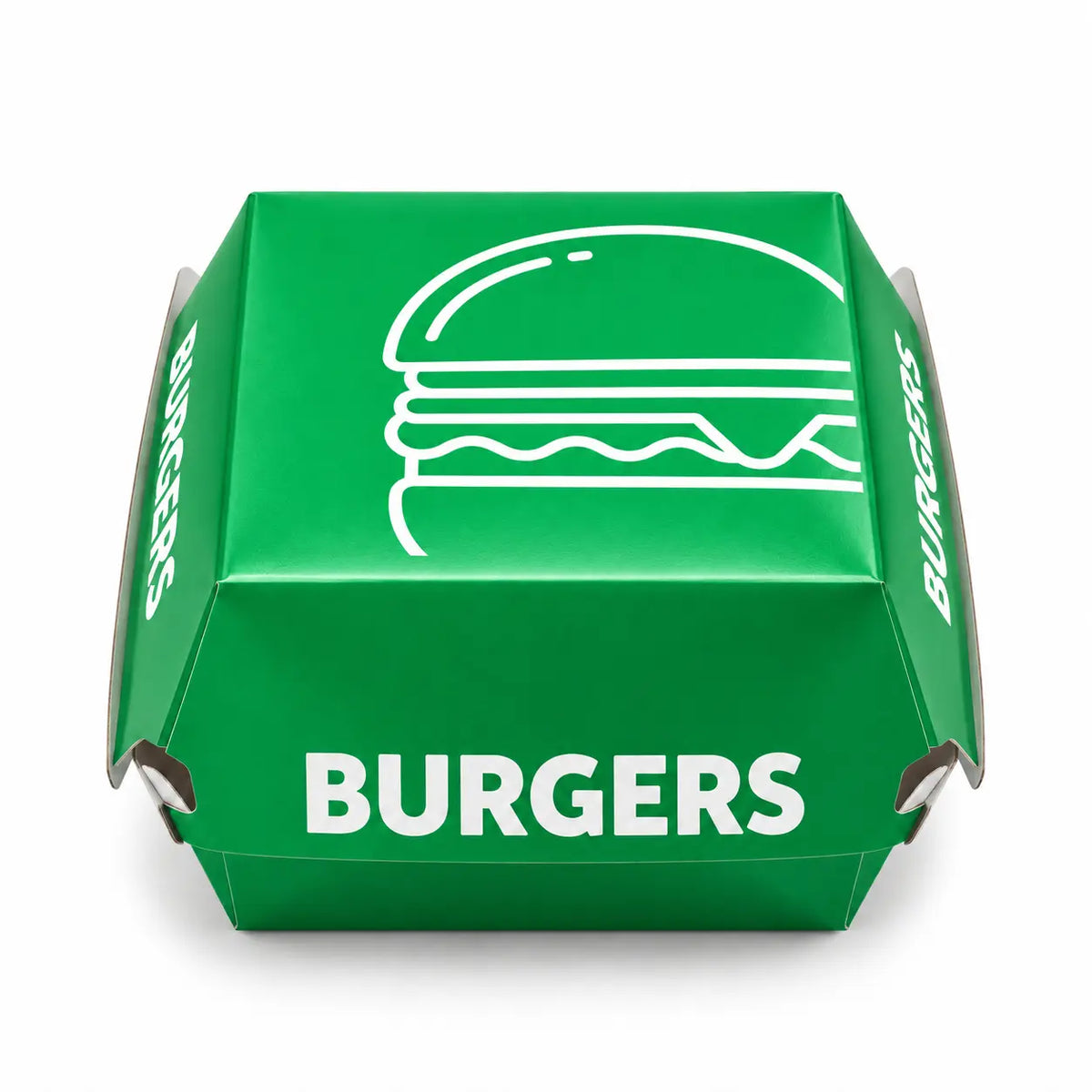 A closed green box from the “Printed Burger Boxes Mixed Colours 200 Pack,” featuring a recyclable design with a white burger graphic and the word “BURGERS” printed on the front and sides.