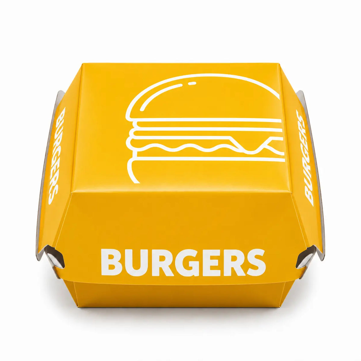 Closed yellow printed burger box from the “Printed Burger Boxes Mixed Colours 200 Pack,” featuring a burger illustration and the word “BURGERS” on the lid and sides, displayed on a white background. These recyclable boxes are both practical and visually appealing for serving takeaway orders.